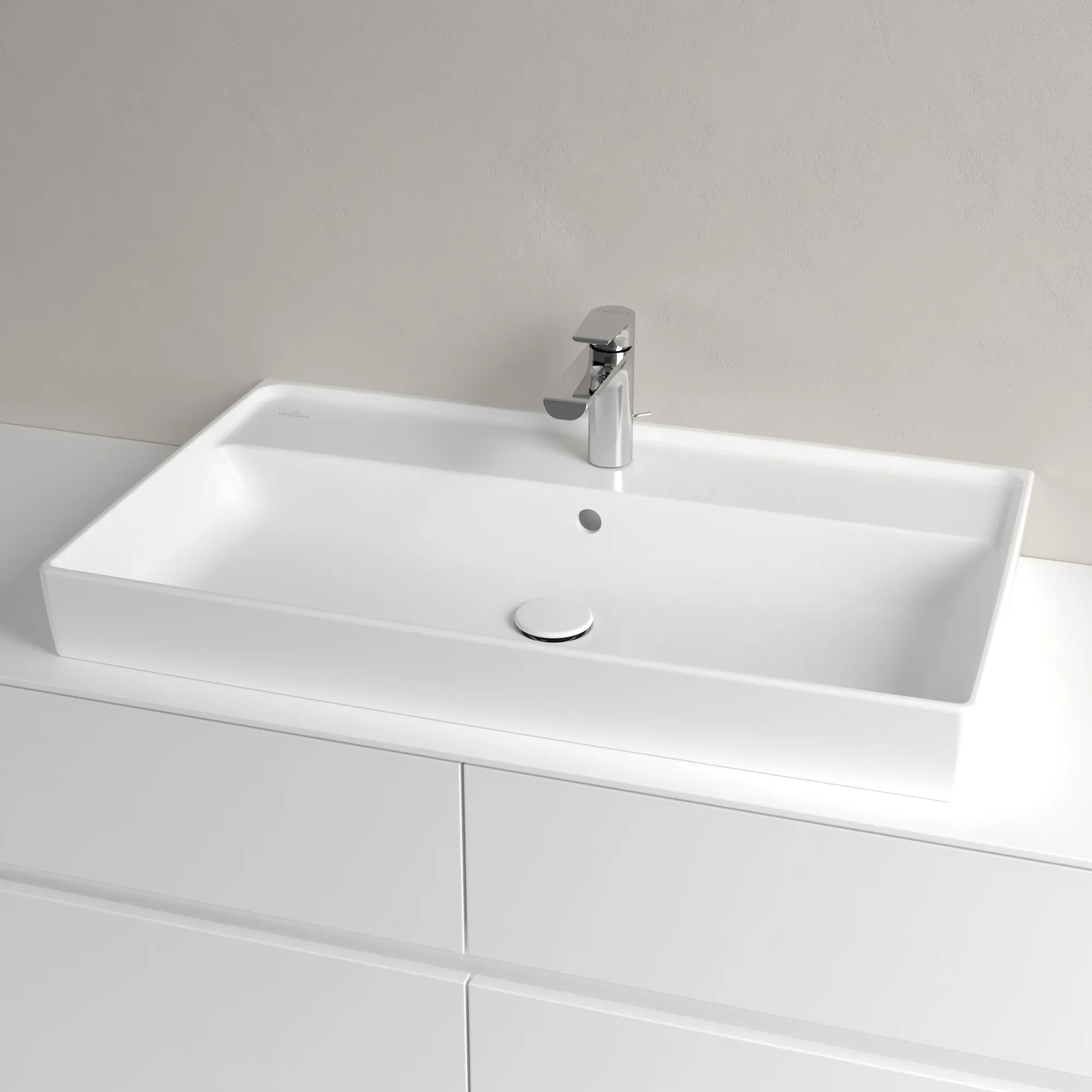 Villeroy & Boch Schrankwaschtisch aus TitanCeram geschliffen „Collaro“ 800 × 465 × 160 mm, mit Hahnlochbohrung, Hahnlochposition mittig in Stone White