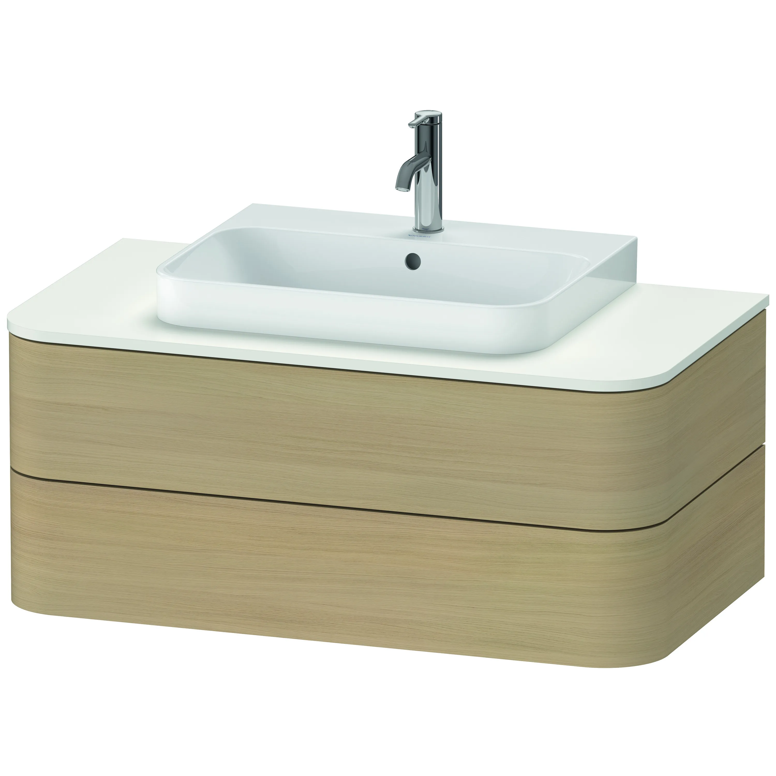 Duravit Waschtischunterschrank wandhängend „Happy D.2 Plus“ 100 × 40,8 × 55 cm Mediterrane Eiche Becken: mittig / Beleuchtung: ohne / Front- & Korpusfarbe: Mediterrane Eiche / Größe: 100 × 55 × 40,8 cm / Oberfläche: Echtholzfurnier / Schubladen: 2