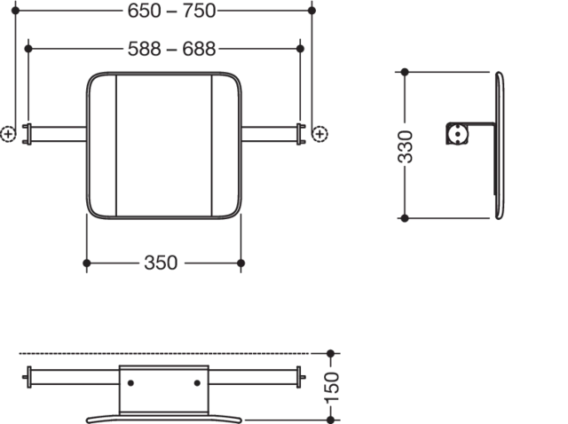 Rückenstütze des Systems 900, Anbindung aus Edelstahl, PVD, Lehne aus Kunststoff, schwarz, Achsmaß von 588 bis 688 mm bauseits verstellbar, T: 150 mm, Montage an Stützklappgriffen, Design (A) des Systems 900, in Farbe CK (messing glänzend)