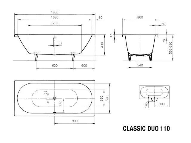 Kaldewei CLASSIC DUO Badewanne, 1800x800 mm, manhattan, mit Griffloch, Antislip