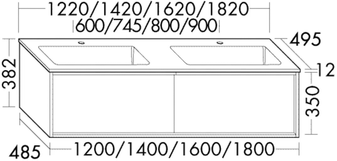 burgbad Uomo Mineralguss-Waschtisch Lin20 inkl. Waschtischunterschrank, Doppelwaschbecken 625x295 mm, Tiefe 495 mm, Breite 1620 mm, Höhe 382 mm