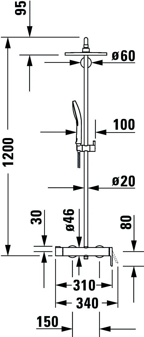 C.1 Shower System Einhebel- Brausemischer,Höhe 1200 Auslauf 340 mm