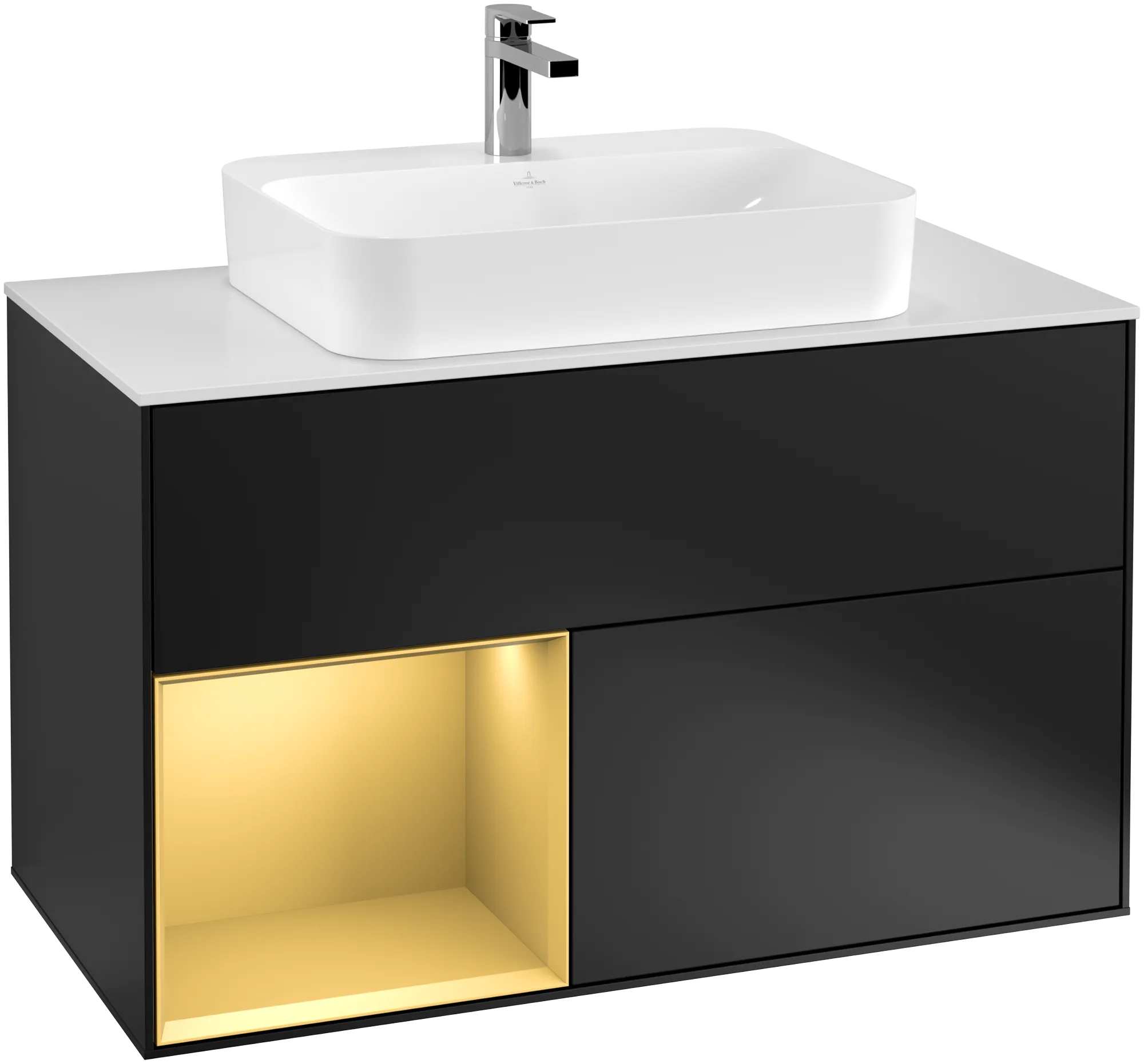Villeroy & Boch Waschbeckenunterschrank Finion G36, 1000x603x501 mm, Black Matt Lacquer mit Gold Akzenten, Beleuchtung, SoftClosing, Push-to-open