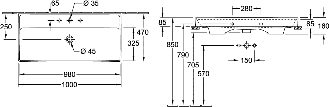 Villeroy & Boch Schrankwaschtisch aus TitanCeram geschliffen „Collaro“ 1000 × 470 × 160 mm, mit Hahnlochbohrung, Hahnlochposition mittig in Weiß Alpin
