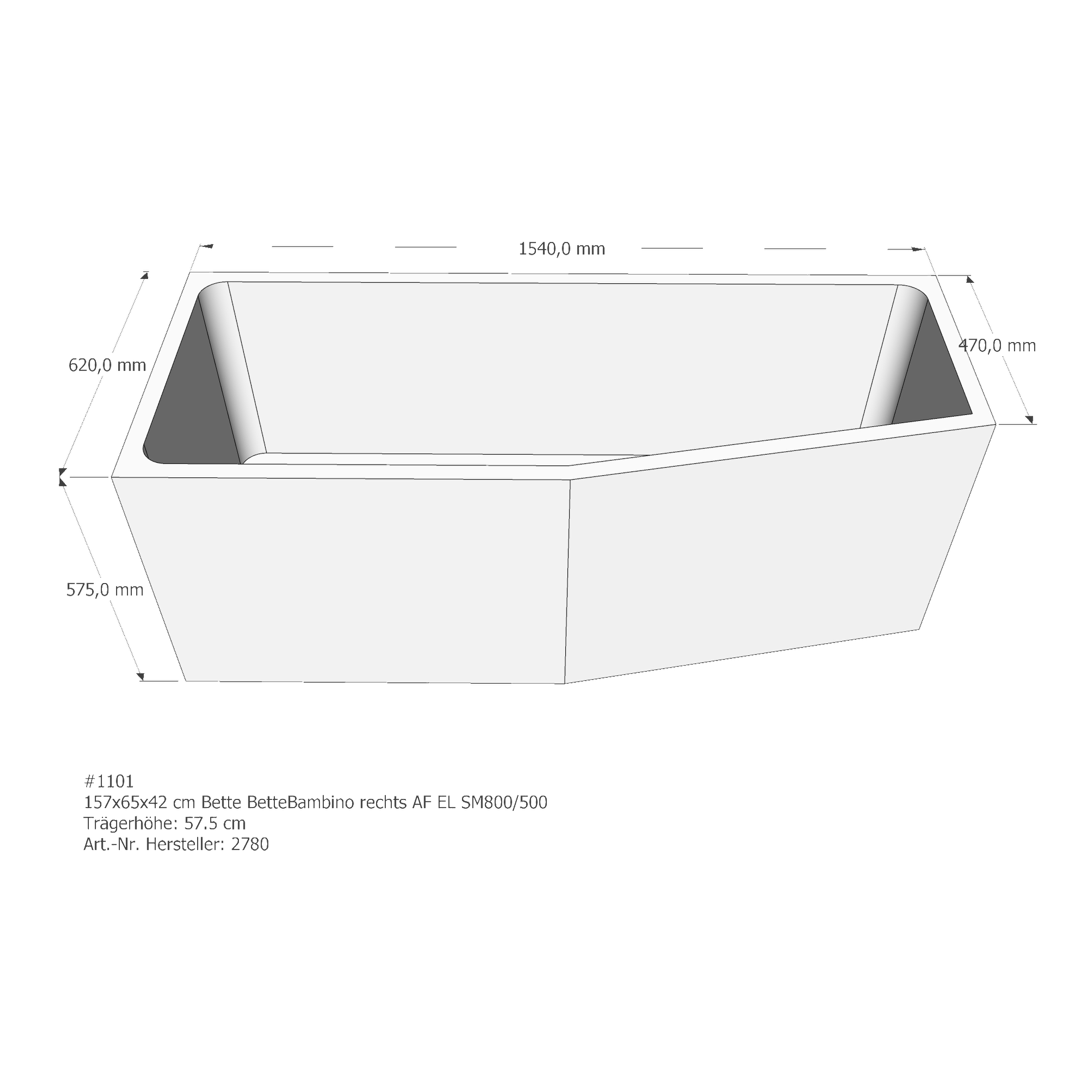 Badewannenträger für Bette BetteBambino rechts 157 × 65 × 42 cm