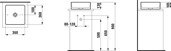 Waschtisch-Schale LIVING Saphirkeramik 360x360x130 quadratisch ohne Hahnloch ohne Überlauf weiß