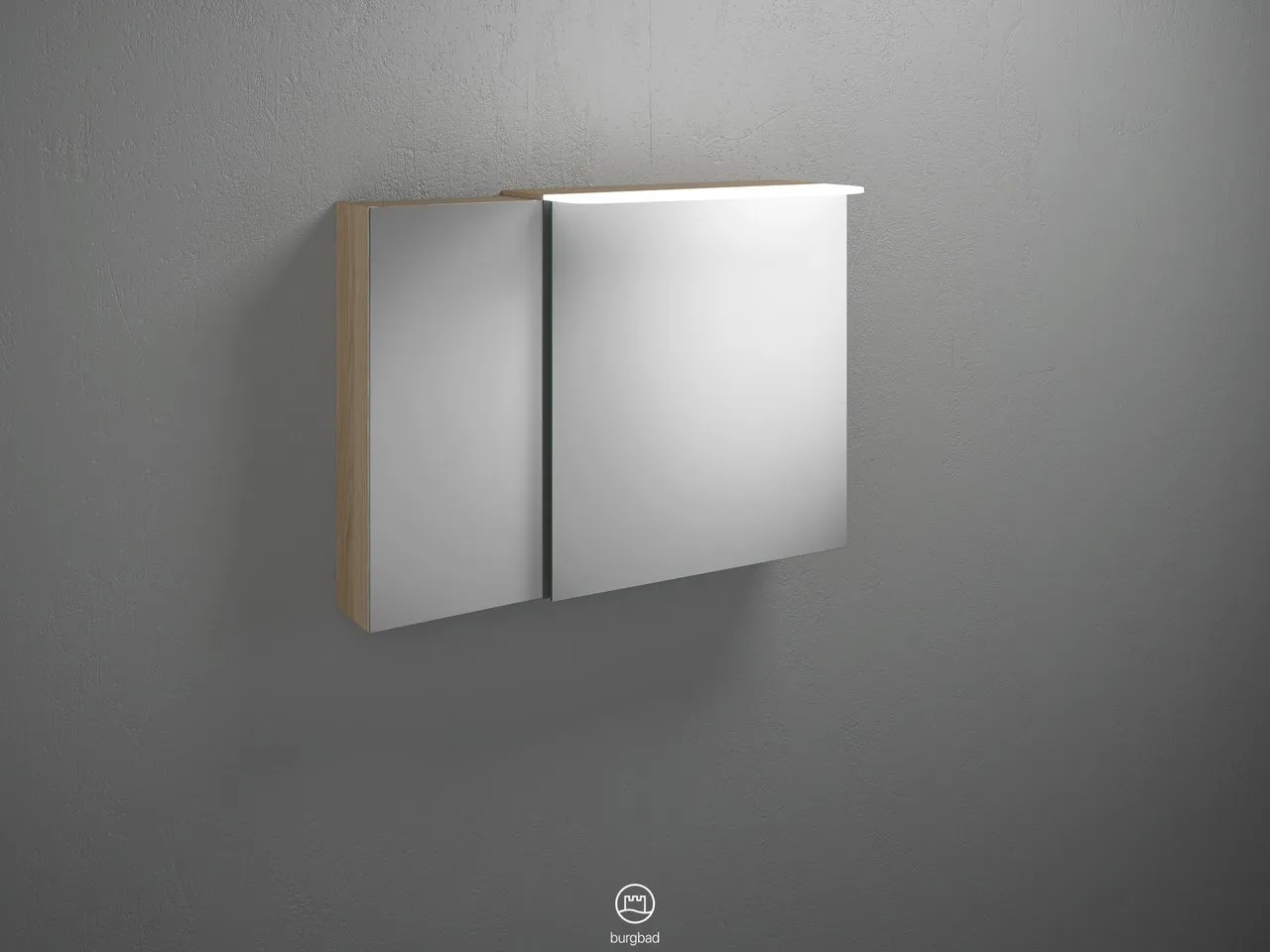 Spiegelschrank Badu von burgbad - 900 mm breit, 310 mm tief, 665 mm hoch mit LED-Aufsatzleuchte und beidseitig verspiegelten Spiegeltüren