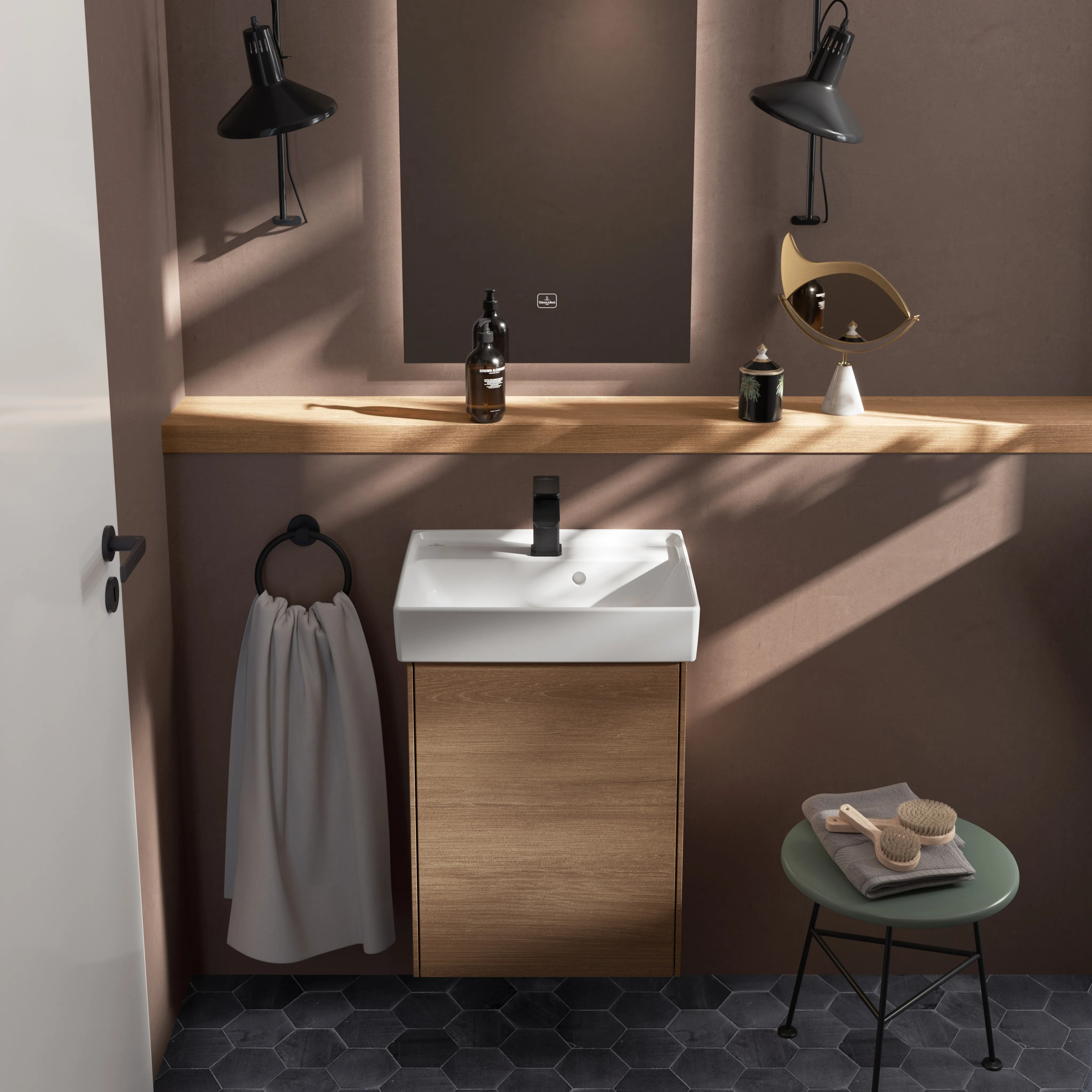 Villeroy & Boch Handwaschbecken aus TitanCeram „Collaro“ 500 × 400 × 150 mm, mit Hahnlochbohrung, Hahnlochposition mittig in Weiß Alpin
