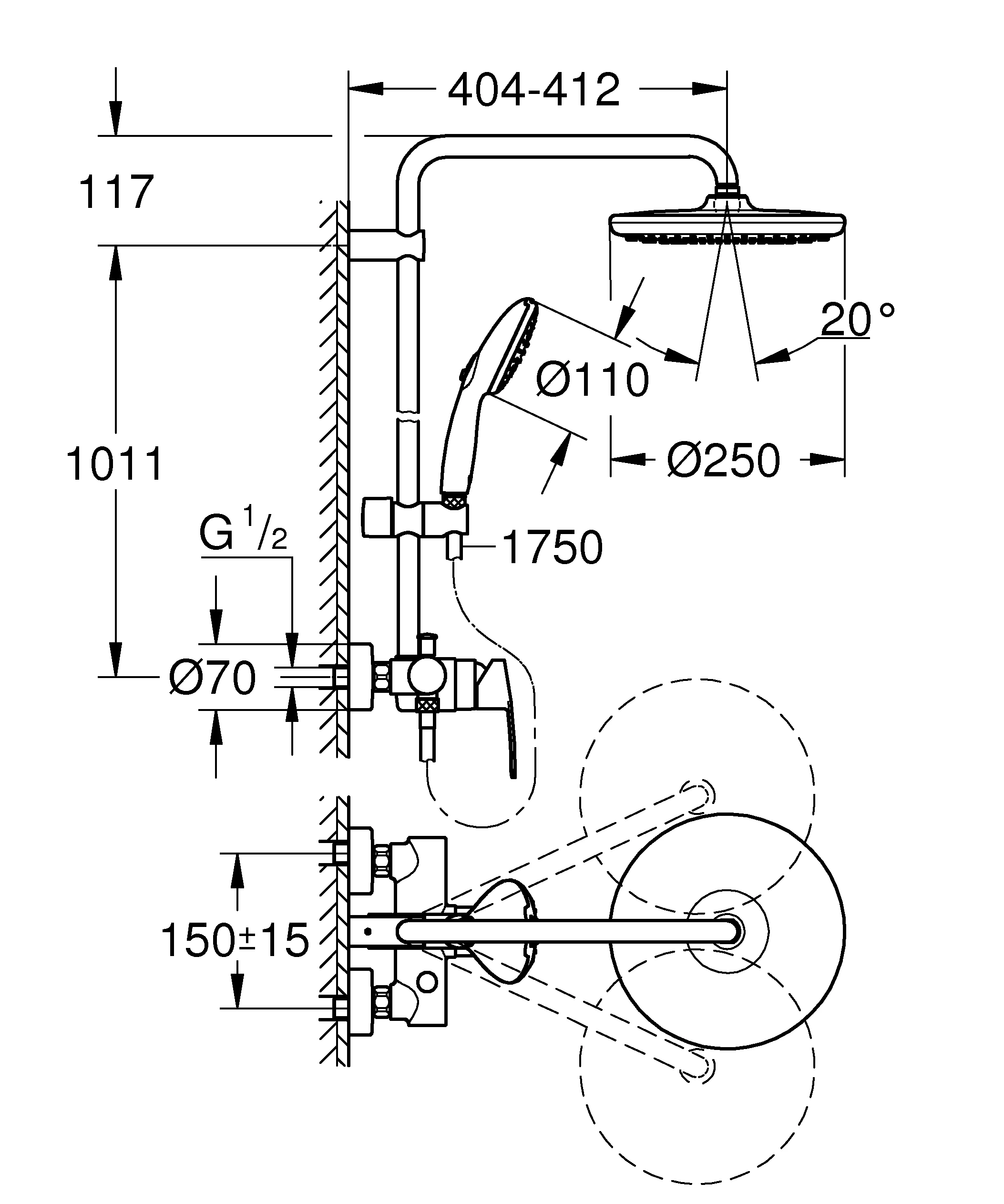 Duschsystem Tempesta 250 26673_1, mit Brausebatterie, Wandmontage, Kopfbrause Tempesta 250, weiße Rückseite, Strahlart: Rain, Handbrause Tempesta 110, 2 Strahlarten: Rain/Jet, Water Saving, Maximaler Durchfluss (bei 3 bar): 8,1 l/min, chrom