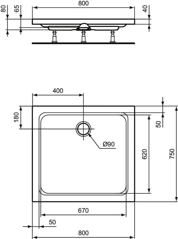 Ideal Standard Rechteck-Brausewanne Hotline Neu, Weiß, 800x750x80mm Ideal Standard Rechteck-Brausewanne Hotline Neu, Weiß, 800x750x80mm