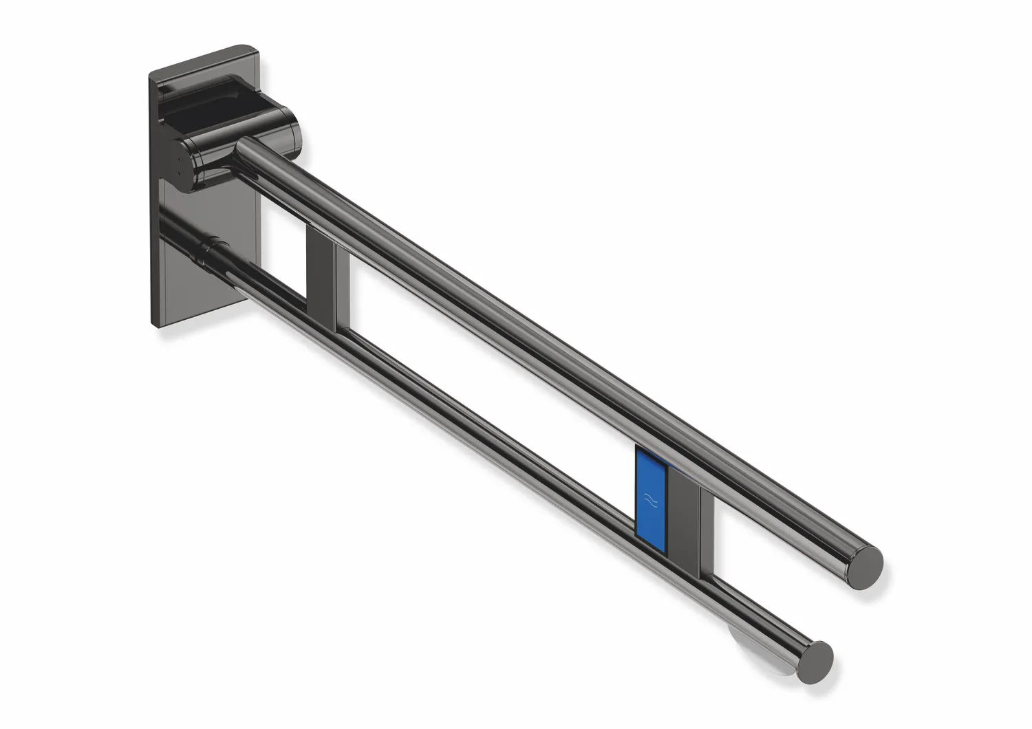 Mobiler Stützklappgriff Duo, Design A des Systems 900, Edelstahl, PVD, Ausladung 850 mm, mit WC-Papierhalter und Funk-Spülauslösung, Ausführung links,