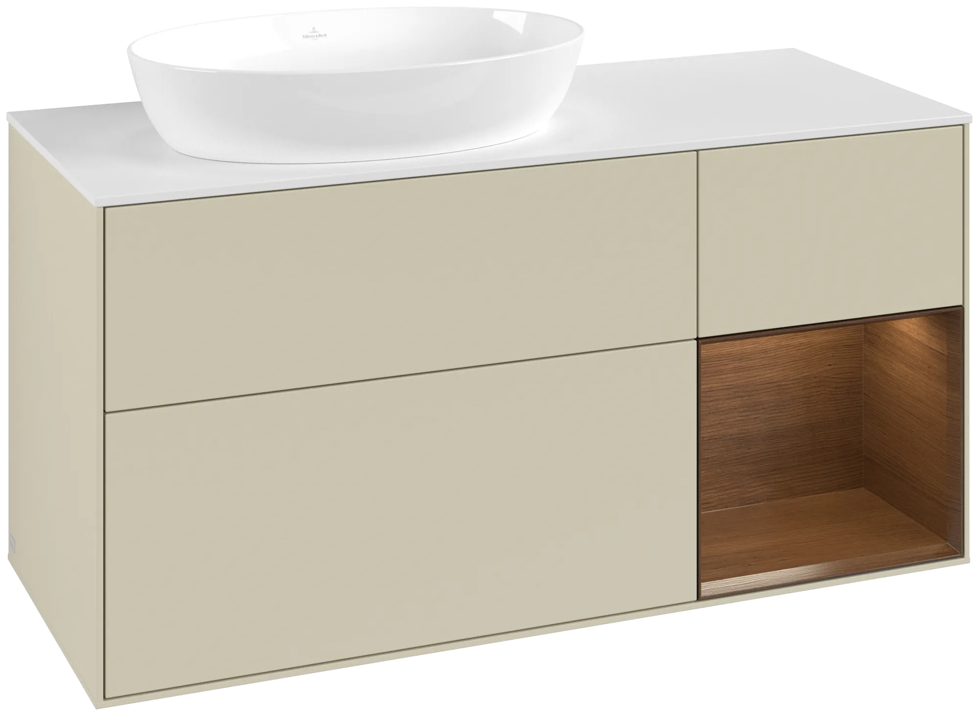Villeroy & Boch Finion Waschbeckenunterschrank FA5, 1200x603x501mm, Silk Grey Matt/Lacquer/Walnut Veneer/Glass White Matt