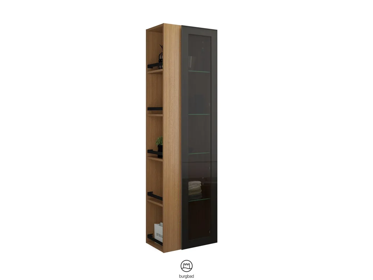 Hochschrank, 1 Alurahmentür mit Rauchglaseinsatz in Bronze;4 Glaseinlegeböden;offenes Regal mit 4 Einlegeböden, Tiefe: 320 mm, Breite: 500 mm, Höhe: 1760 mm