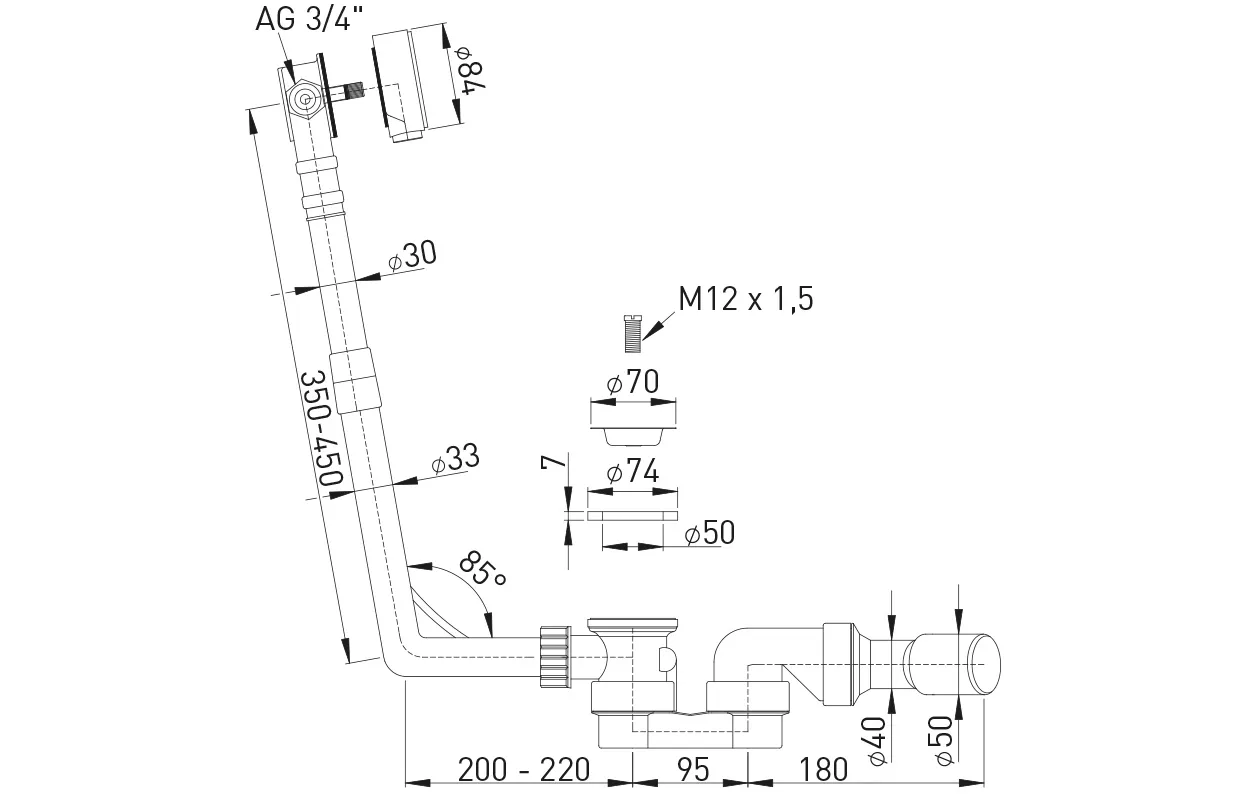 Rohmontageset MWT f. Normalbadewannen mit Wasserzulauf in der Überlaufrosette Rohmontageset MWT f. Normalbadewannen mit Wasserzulauf in der Überlaufrosette