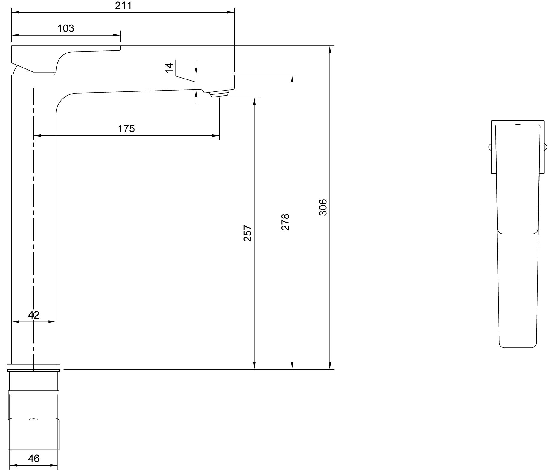 Villeroy & Boch Architectura Square Einhebel-Waschtischarmatur erhöht TVW125002000 50x306x211mm K5 Matt Black