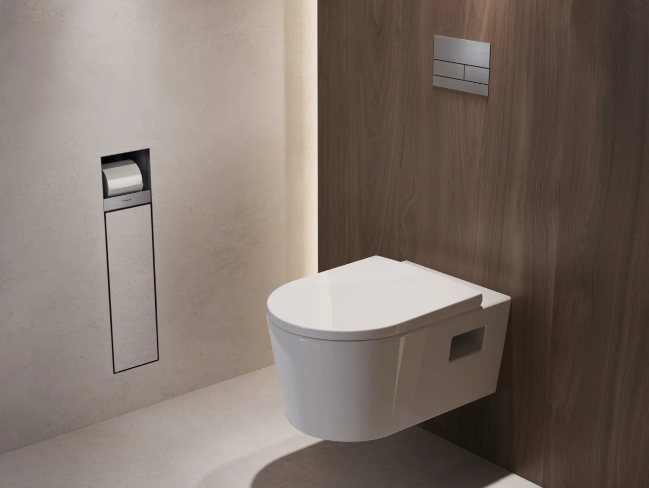 Hansgrohe XtraStoris Rock Einbau Toilettenbürstenhalter mit befliesbarer Tür, Edelstahl gebürstet, links anschlagend, 140 mm Einbautiefe