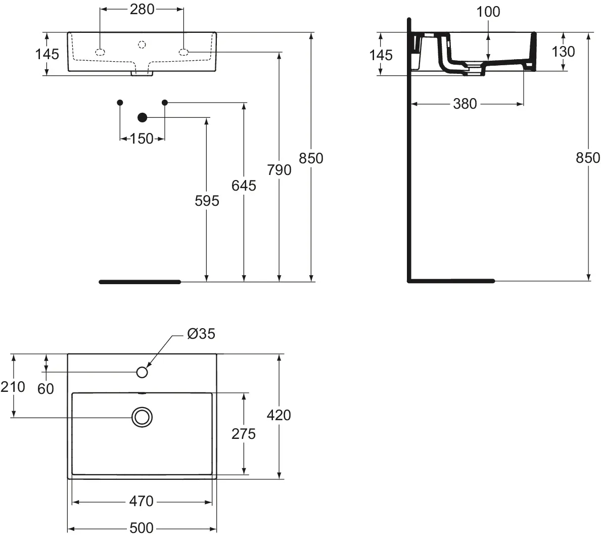 Waschbecken „Strada“ 50 × 42 × 14,5 cm, Hahnlochposition mittig Waschbecken „Strada“ 50 × 42 × 14,5 cm, Hahnlochposition mittig