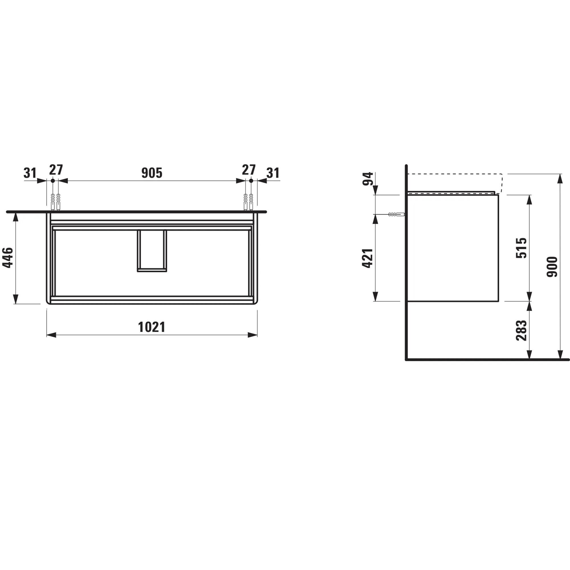 Waschtischunterbau BASE 2.0 für PRO S 446x1021x515 2 Schubladen mit Griffmulde für Waschtisch H813966 weiß matt
