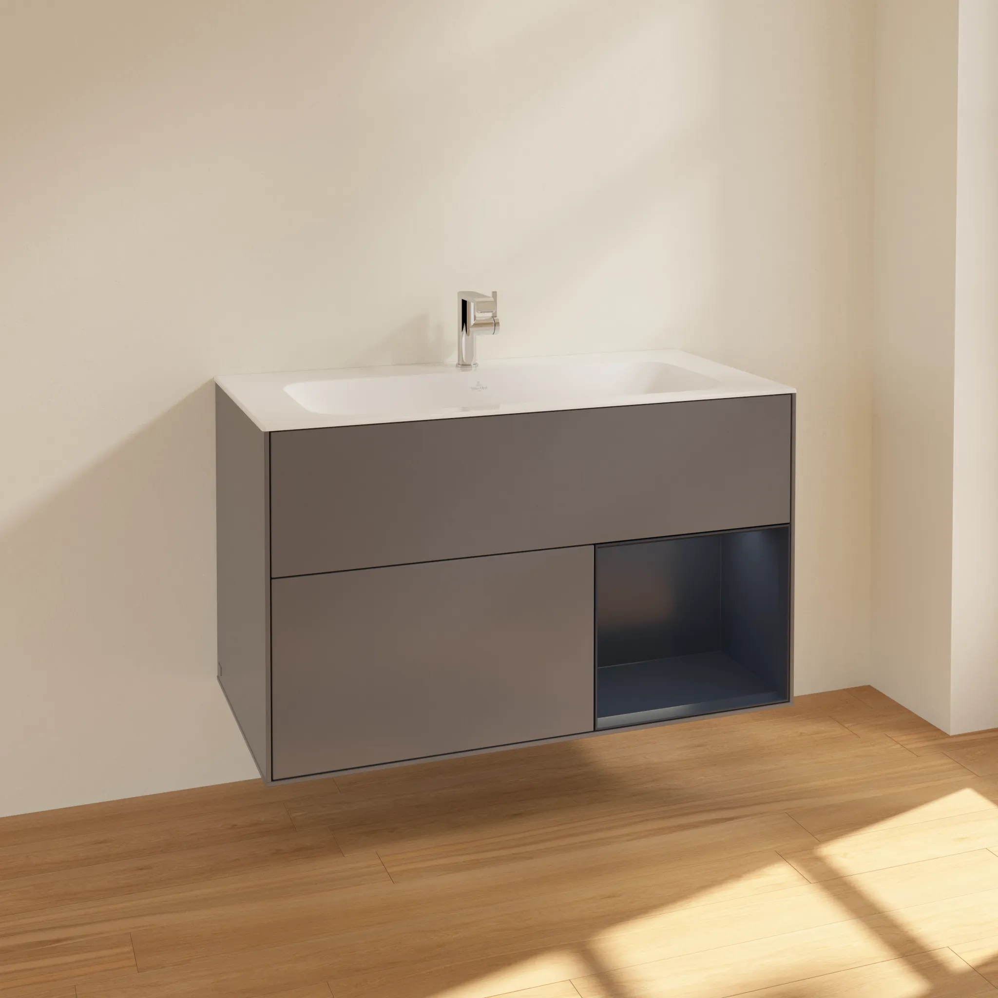 Villeroy & Boch Waschbeckenunterschrank Finion F04, Anthracite Matt Lacquer / Midnight Blue Matt Lacquer, 996x591x498 mm, mit Beleuchtung, SoftClosing und Push-to-open Funktion