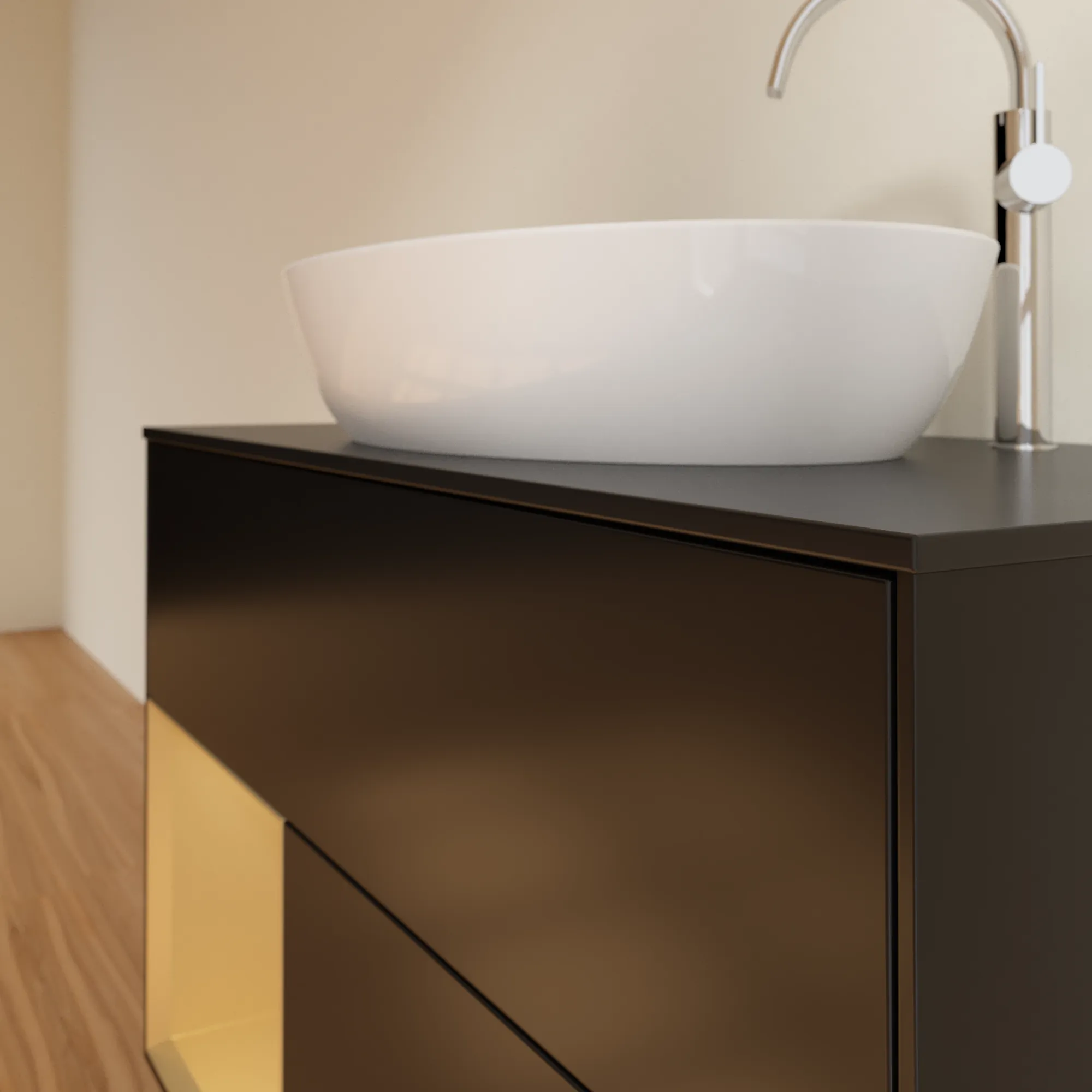 Villeroy & Boch Waschbeckenunterschrank Finion F89, 1000x603x501 mm, Black Matt Lacquer mit Gold Regal, Beleuchtung dimmbar, Push-to-open, SoftClosing