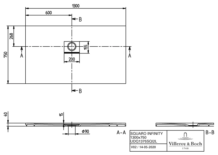 Villeroy & Boch rechteck Duschwanne „Squaro Infinity“ Eck-Einbau links gegen Wand 130 × 75 cm