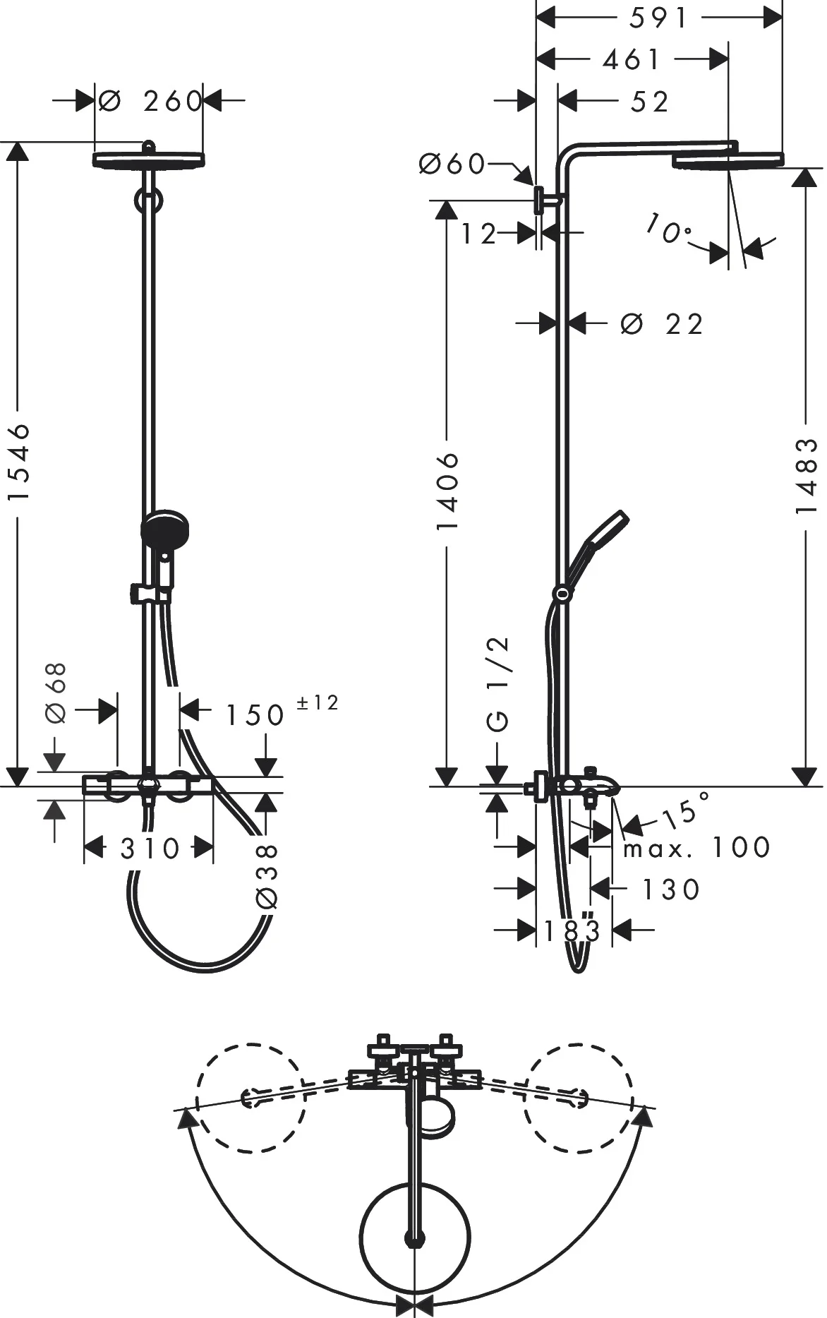 Hansgrohe Pulsify S Puro Showerpipe EcoSmart Aufputz chrom, 1jet Kopfbrause, 3 Verbraucher, DN15, 460 mm Brausearmlänge