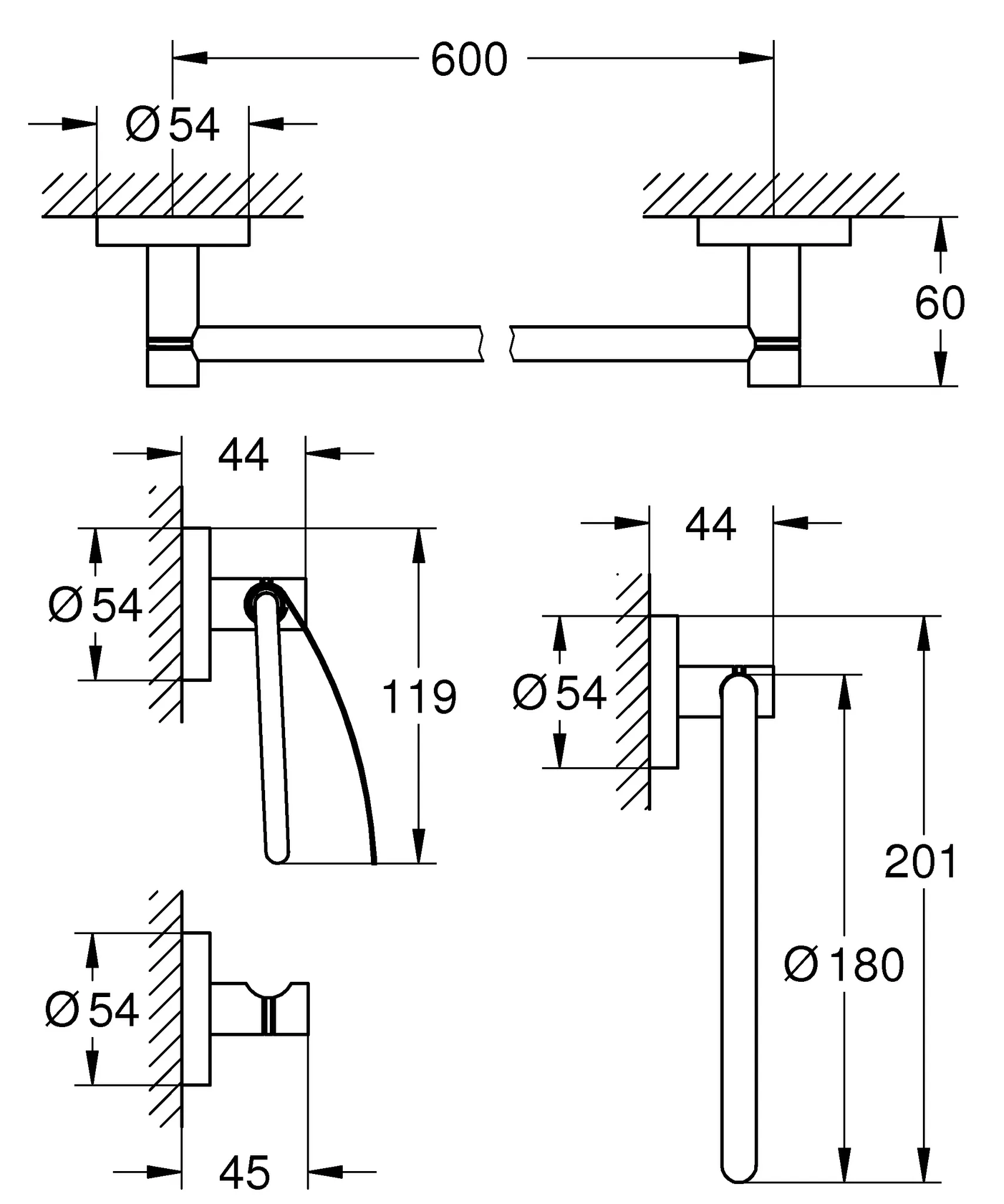 4-in-1 Bad-Set Essentials 40776_1, mit Handtuchring, Bademantelhaken, WC-Papierhalter, mit Deckel, Badetuchhalter 600 mm 4-in-1 Bad-Set Essentials 40776_1, mit Handtuchring, Bademantelhaken, WC-Papierhalter, mit Deckel, Badetuchhalter 600 mm