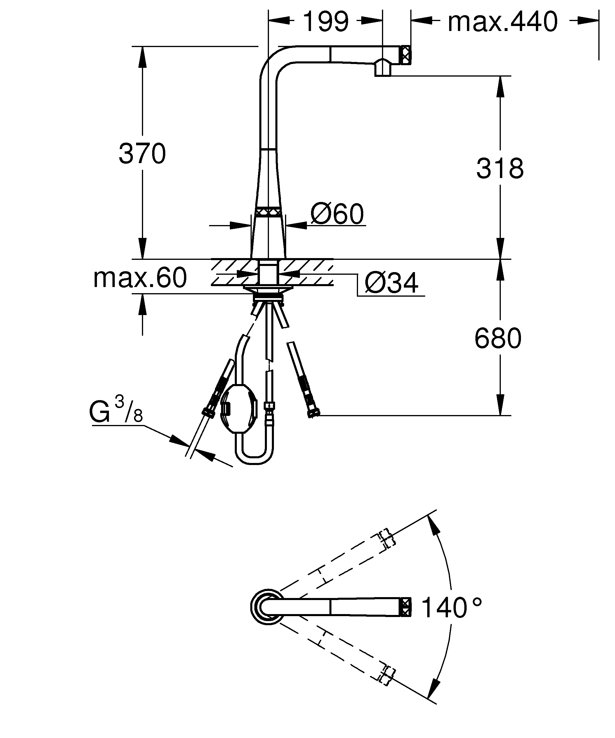 Spültischbatterie Zedra SmartControl 31593_2, Einlochmontage, An/Aus per Knopfdruck, Volumensteuerung durch Drehen, Temperatureinstellung durch Drehen des Mischventils am Armaturenkörper, getrennte innenliegende Wasserwege, chrom