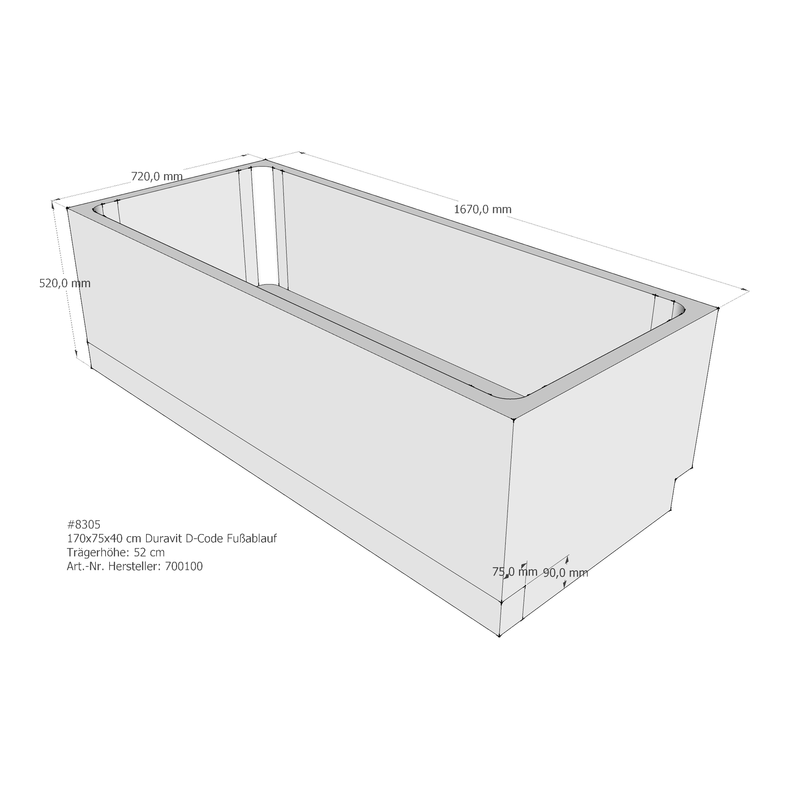 Badewannenträger für Duravit D-Code 170 × 75 × 40 cm Ablauf: Fußablauf / Breite: 75 cm / Länge: 170 cm Badewannenträger für Duravit D-Code 170 × 75 × 40 cm Ablauf: Fußablauf / Breite: 75 cm / Länge: 170 cm