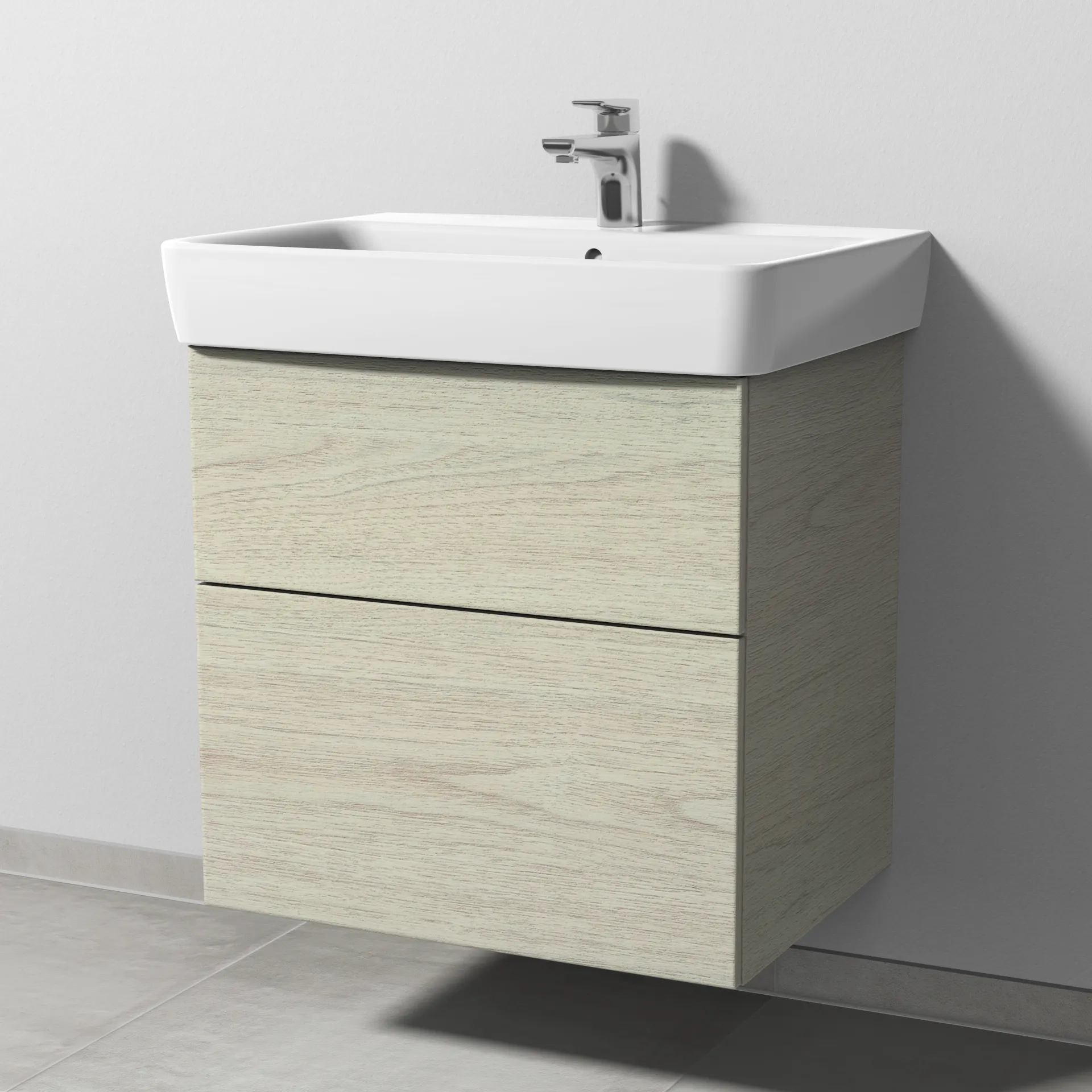 Sanipa Waschtischunterschrank „3way“ passend zu Keramik-Waschtische Renova Plan von Geberit 590 × 588 × 407 mm in White Oak, Becken mittig