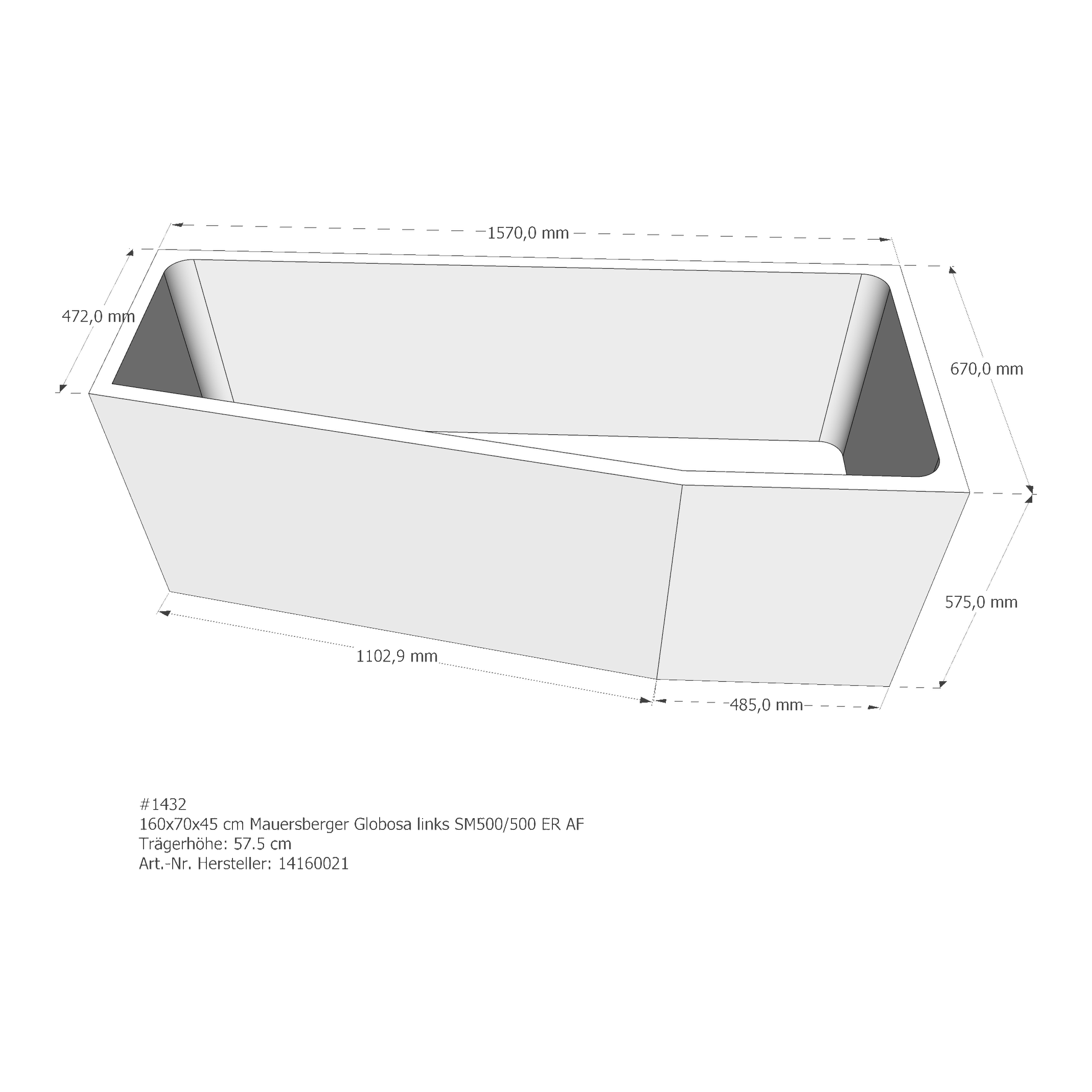 Wannenträger Mauersberger Globosa 160/70 links 160x70x45 cm ER AL SM500//500