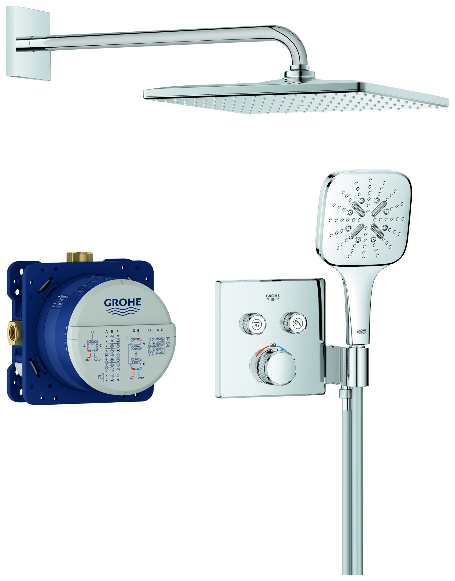 Unterputz Duschsystem Grohtherm SmartControl 34865, eckige Form, mit UP-THM mit 2 Absperrventilen, integrierter Brausehalter, Rapido SmartBox, Kopfbrause Rainshower Mono 310 Cube, RSH SmartActive 130 Cube Handbrause, Brauseschlauch, chrom