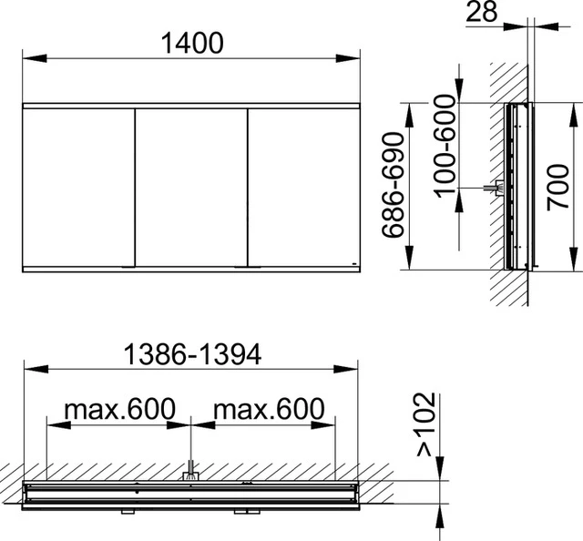 KEUCO Wandeinbau Spiegelschrank 3-türig „Royal Modular 2.0“ in Silber (eloxiert), Unterputz, mit Beleuchtung, mit Steckdosen 1400 × 700 × 120 mm KEUCO Wandeinbau Spiegelschrank 3-türig „Royal Modular 2.0“ in Silber (eloxiert), Unterputz, mit Beleuchtung, mit Steckdosen 1400 × 700 × 120 mm