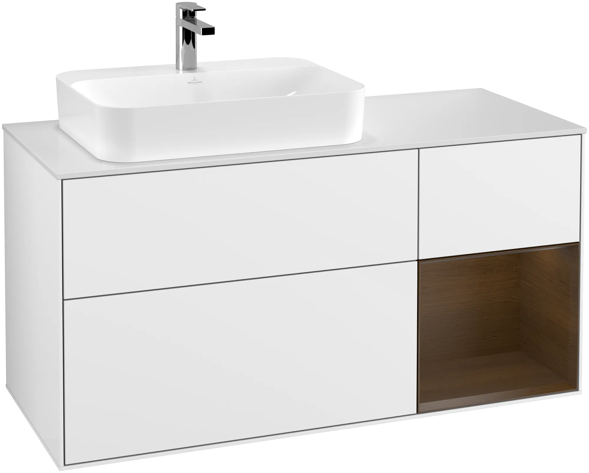 Villeroy & Boch Finion Waschbeckenunterschrank F40 1200x603x501mm Glossy White Lacquer / Walnut Veneer / Glass White Matt