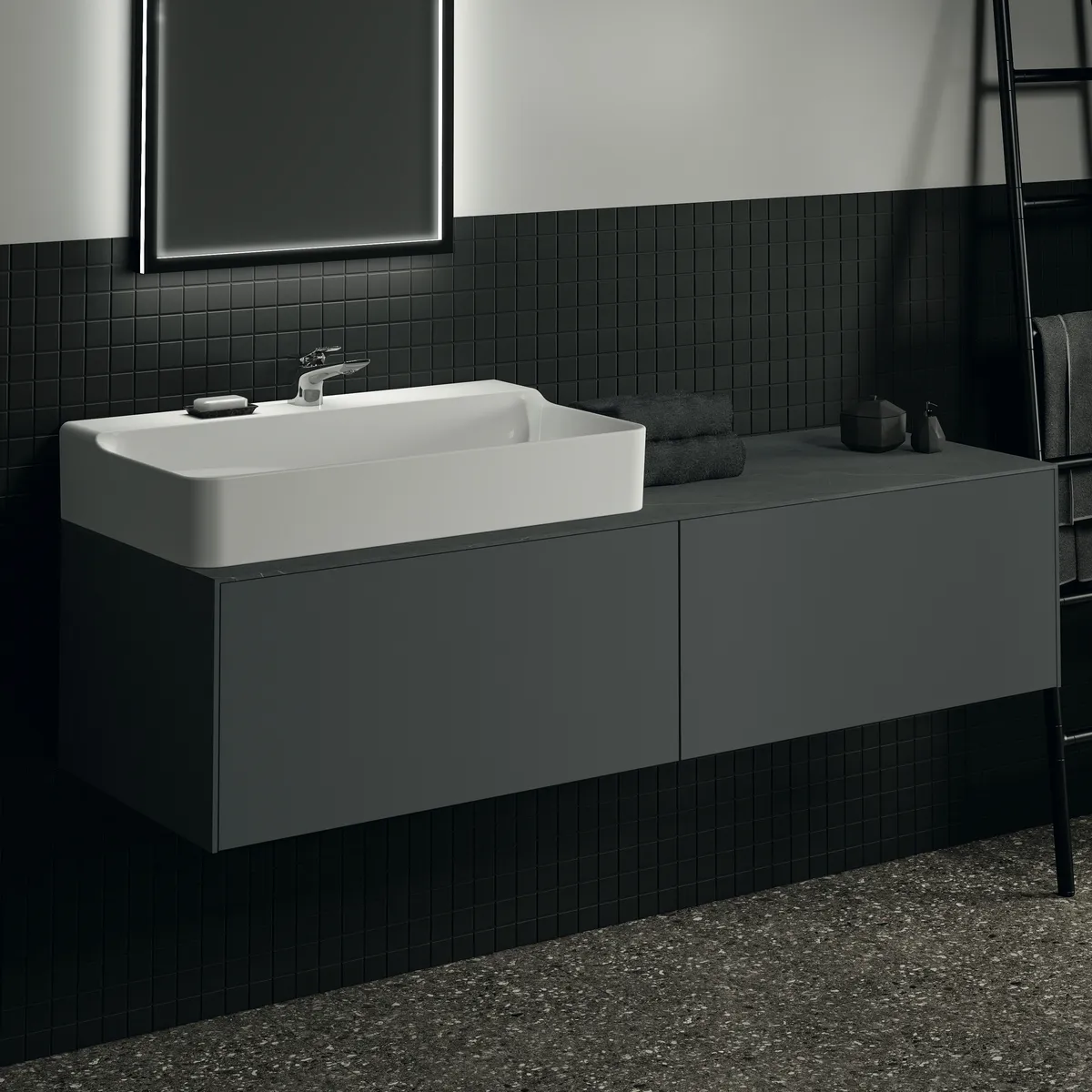 Waschtischplatte Conca, aus Keramik, 1587x505x6mm, Marmor Noir Desir