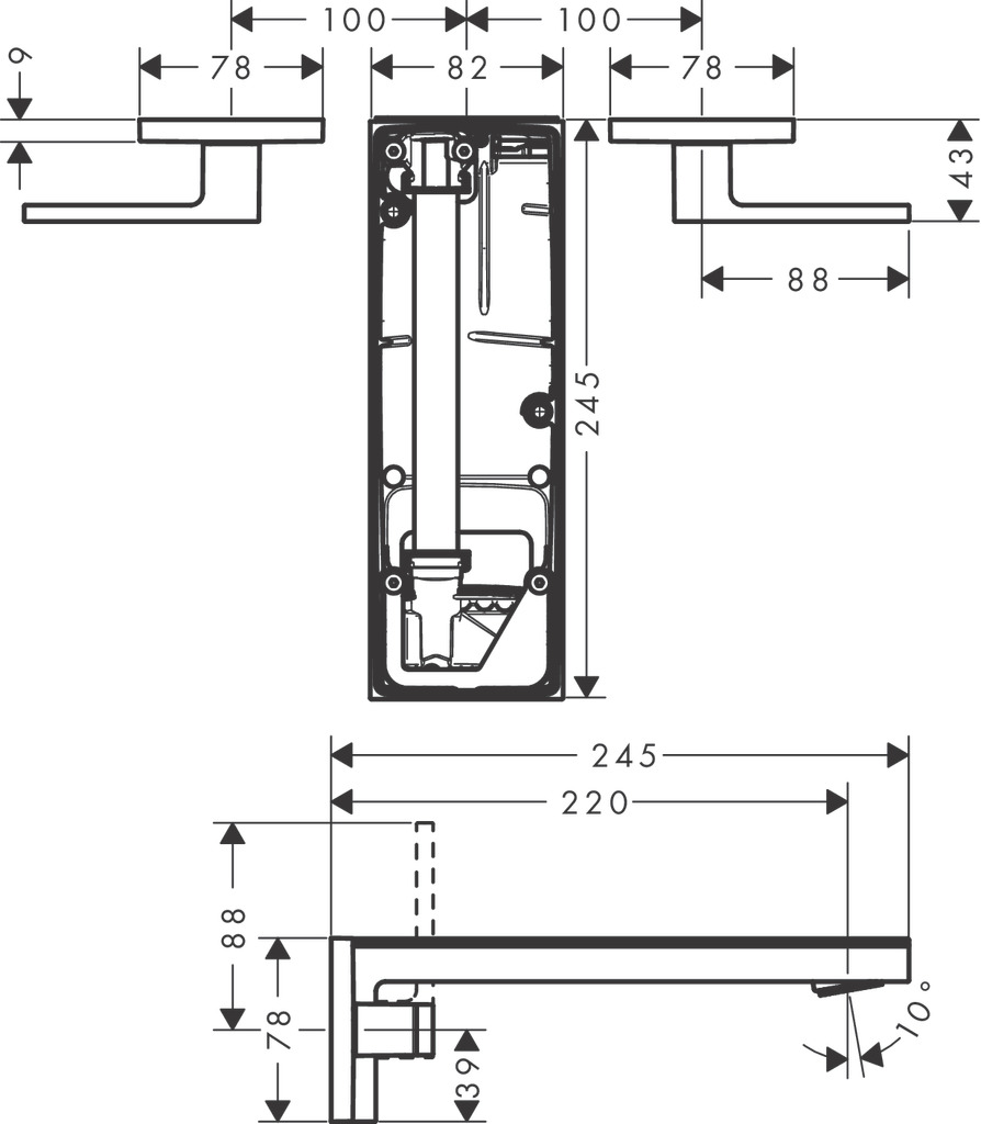 AXOR MyEdition 3-Loch Waschtischarmatur Unterputz für Wandmontage mit Auslauf 221 mm, ohne Platte Chrom