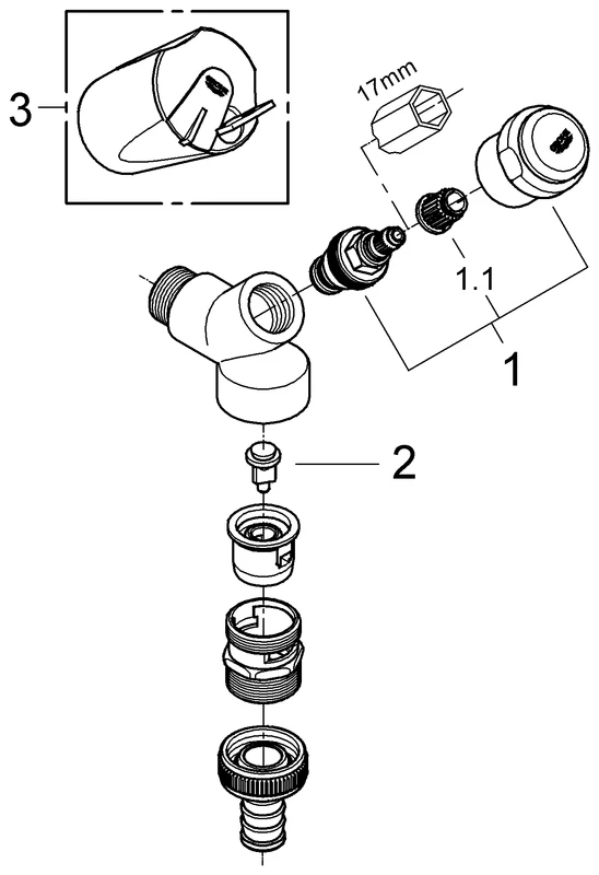 Armaturenkombination 41190, DN 15, Wandmontage, Schrägsitzausführung, Sicherungseinrichtung Typ HD, Fettkammer-Oberteil 1/2'' für den absperrbaren Schlauchanschluss, eigensicher, chrom