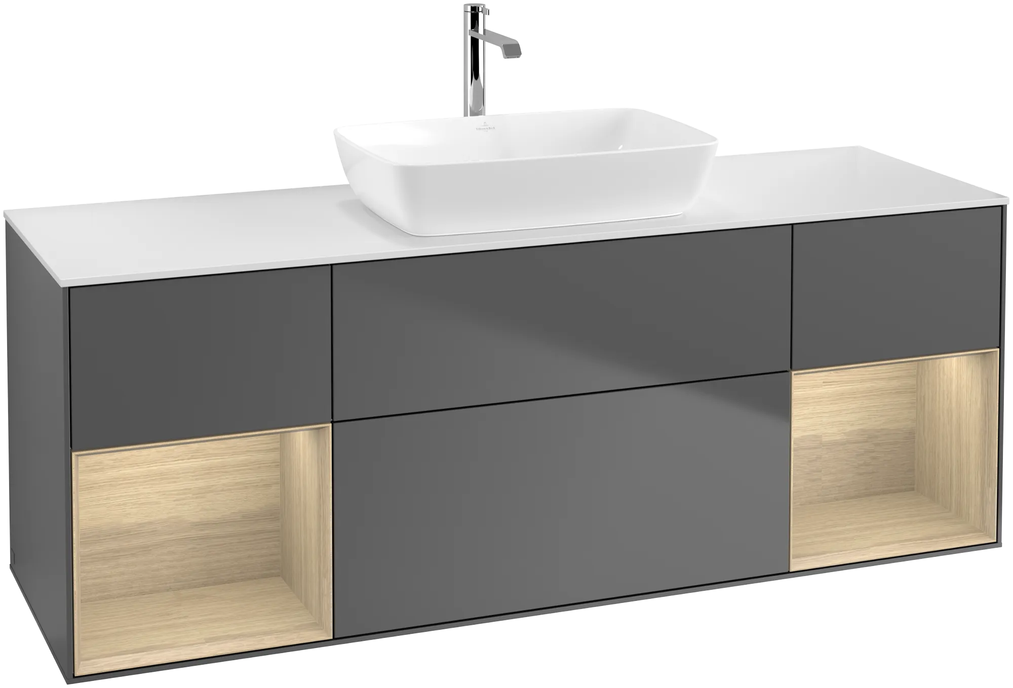 Villeroy & Boch Finion Waschbeckenunterschrank F86 1600x603x501mm Anthrazit Matt Lack / Eiche Spiegeloptik / Glas Weiss Matt