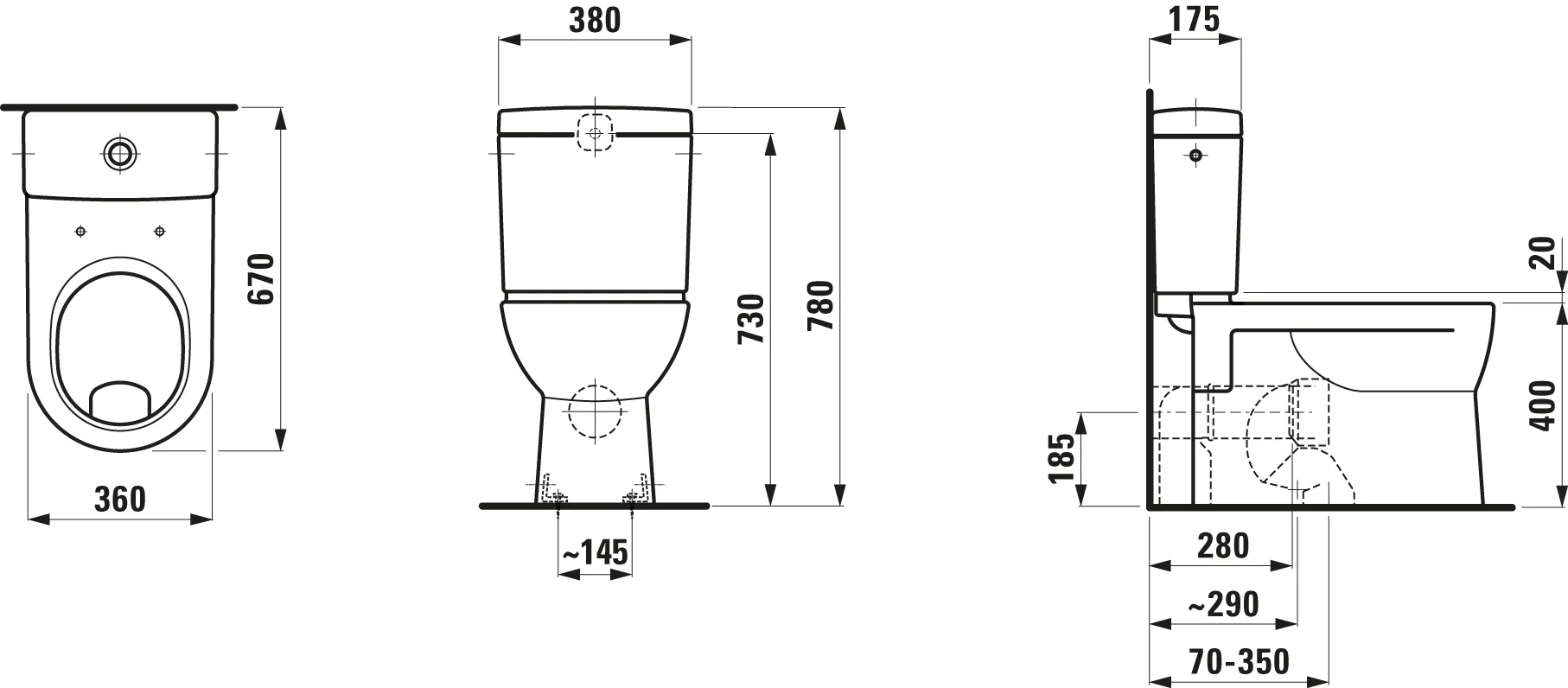 Flachspül-WC Kombination PRO 670x360x400 Abgang waagrecht oder senkrecht weiß