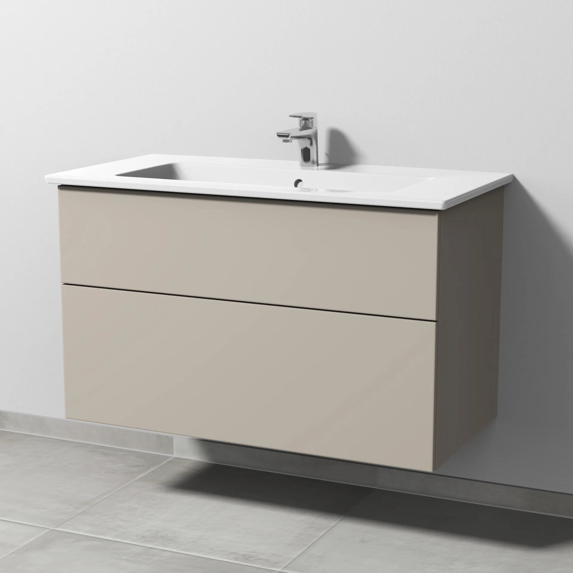 Keramik-Waschtisch-Set mit Waschtischunterschrank „3way“ 95,5 × 47,7 × 59,1 cm in Kaschmir (matt), mit Hahnlochbohrung, Becken mittig Keramik-Waschtisch-Set mit Waschtischunterschrank „3way“ 95,5 × 47,7 × 59,1 cm in Kaschmir (matt), mit Hahnlochbohrung, Becken mittig