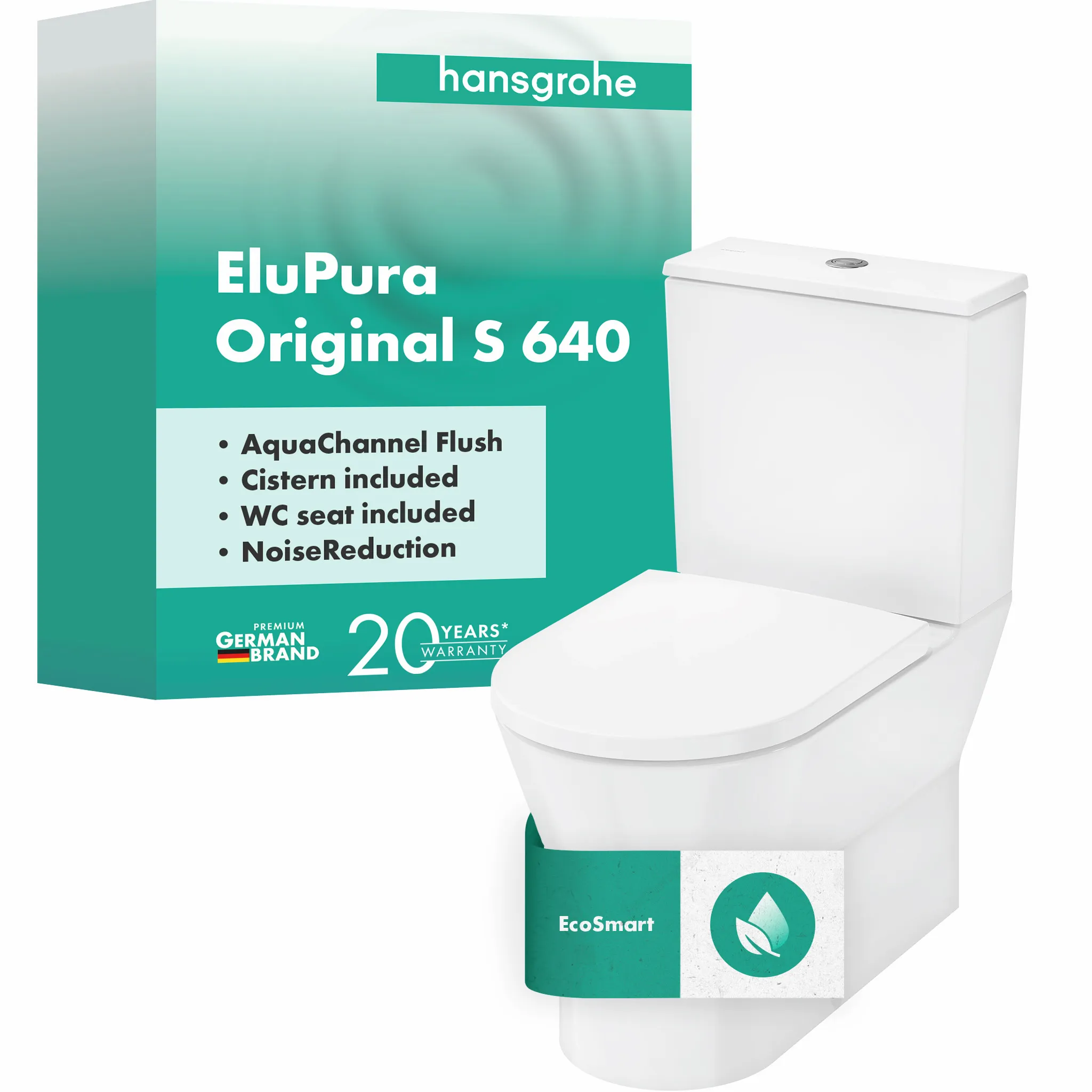 EluPura Original S Stand WC Set 640 mit horizontalem Abgang AquaChannel Flush mit aufgesetzten Spülkasten und WC-Sitz Weiß EluPura Original S Stand WC Set 640 mit horizontalem Abgang AquaChannel Flush mit aufgesetzten Spülkasten und WC-Sitz Weiß