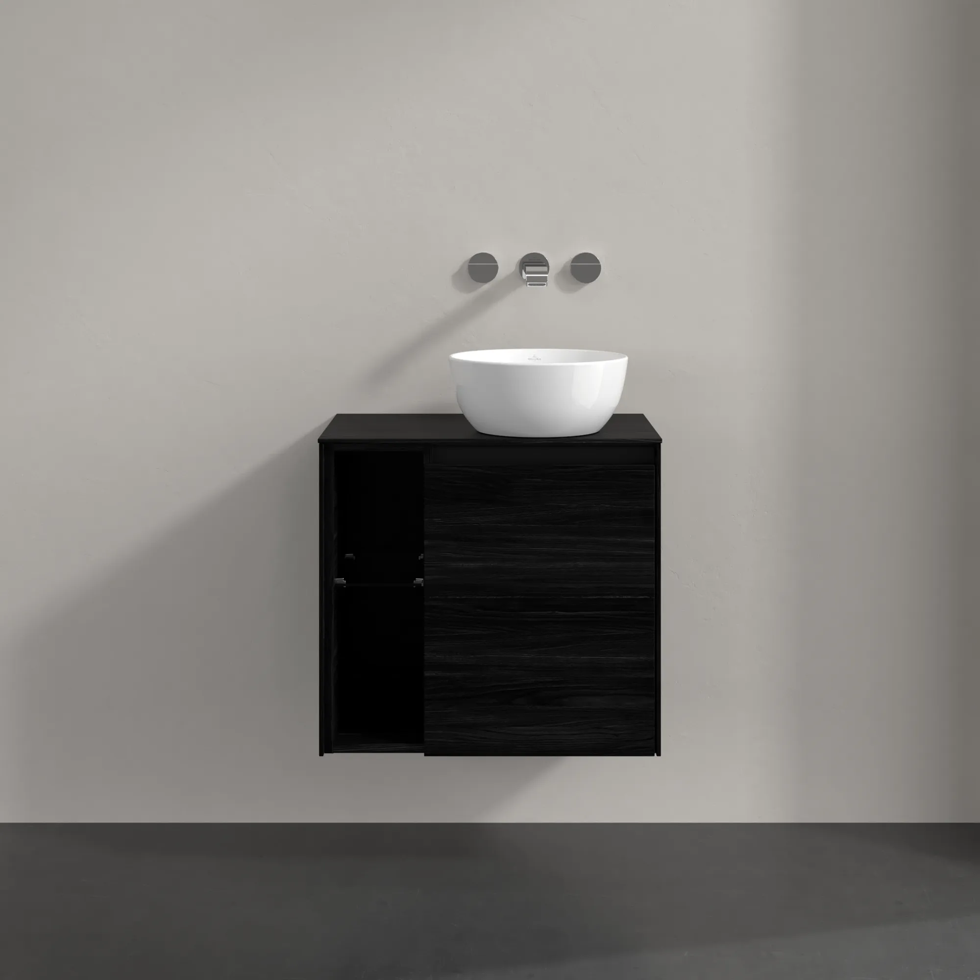 Villeroy & Boch Waschtischunterschrank „Collaro“ 600 × 548 × 380 mm Black Oak, für Becken rechts, Anschlag rechts, mit Beleuchtung Villeroy & Boch Waschtischunterschrank „Collaro“ 600 × 548 × 380 mm Black Oak, für Becken rechts, Anschlag rechts, mit Beleuchtung