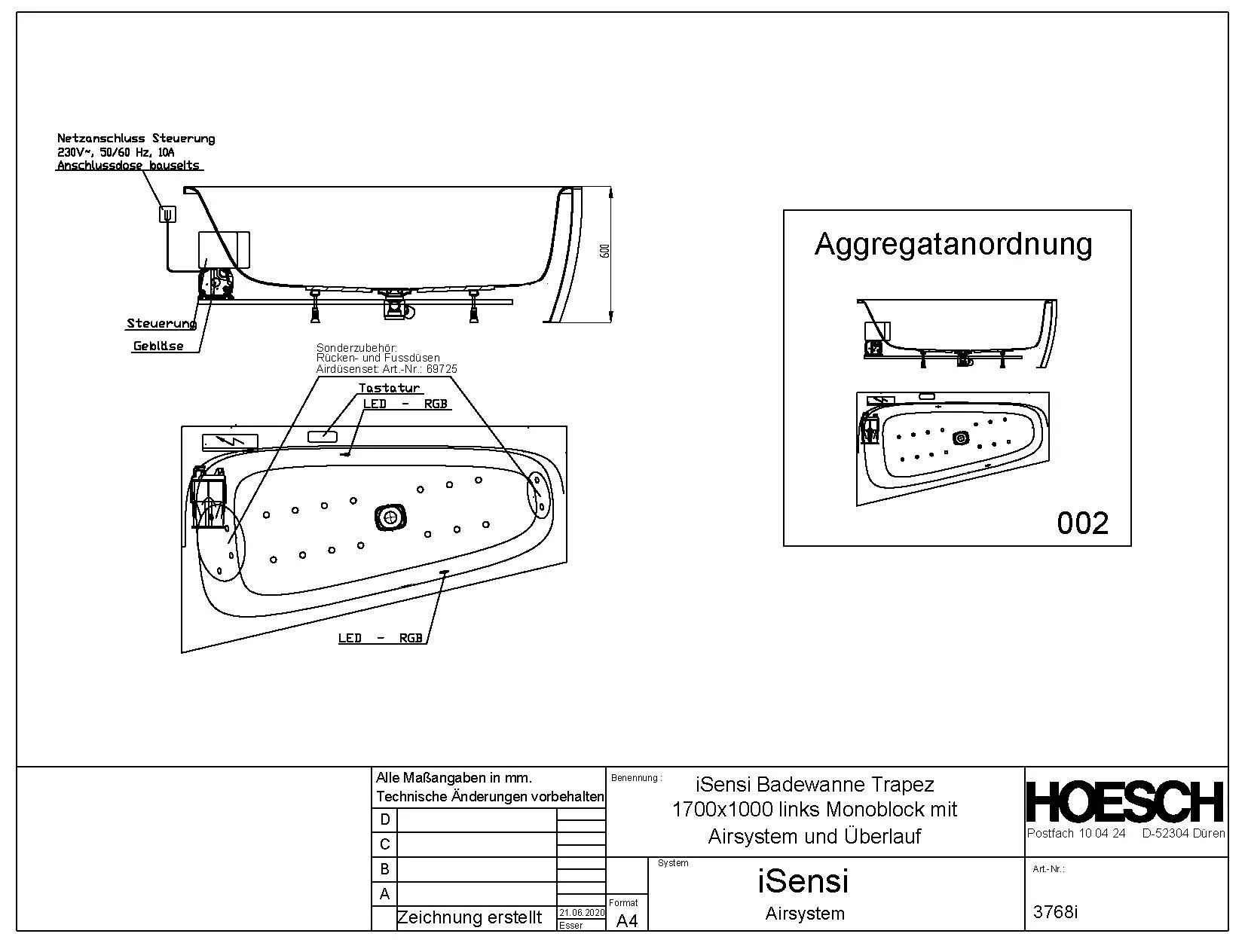 Hoesch Whirlwanne „iSensi“ Monolith mit Airsystem „iSensi“ trapez 170 × 100 cm, links in Weiß-Grau