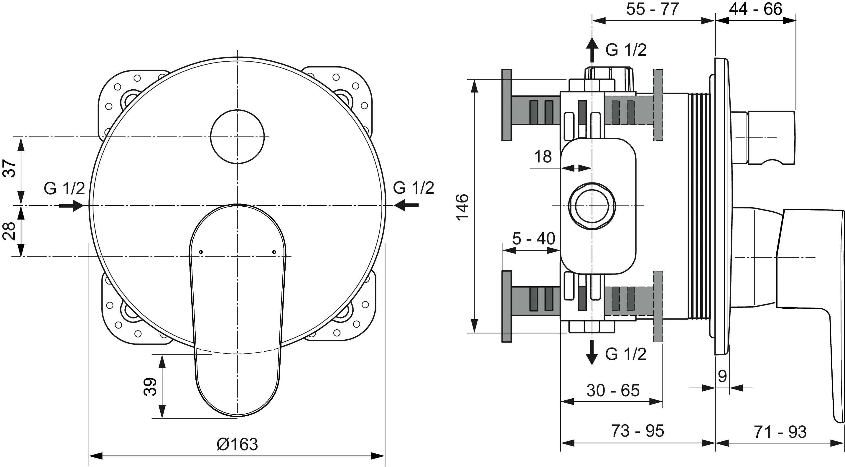 Badearmatur Unterputz Cerafine O, Bausatz 2, Rosette 163x163mm, Chrom