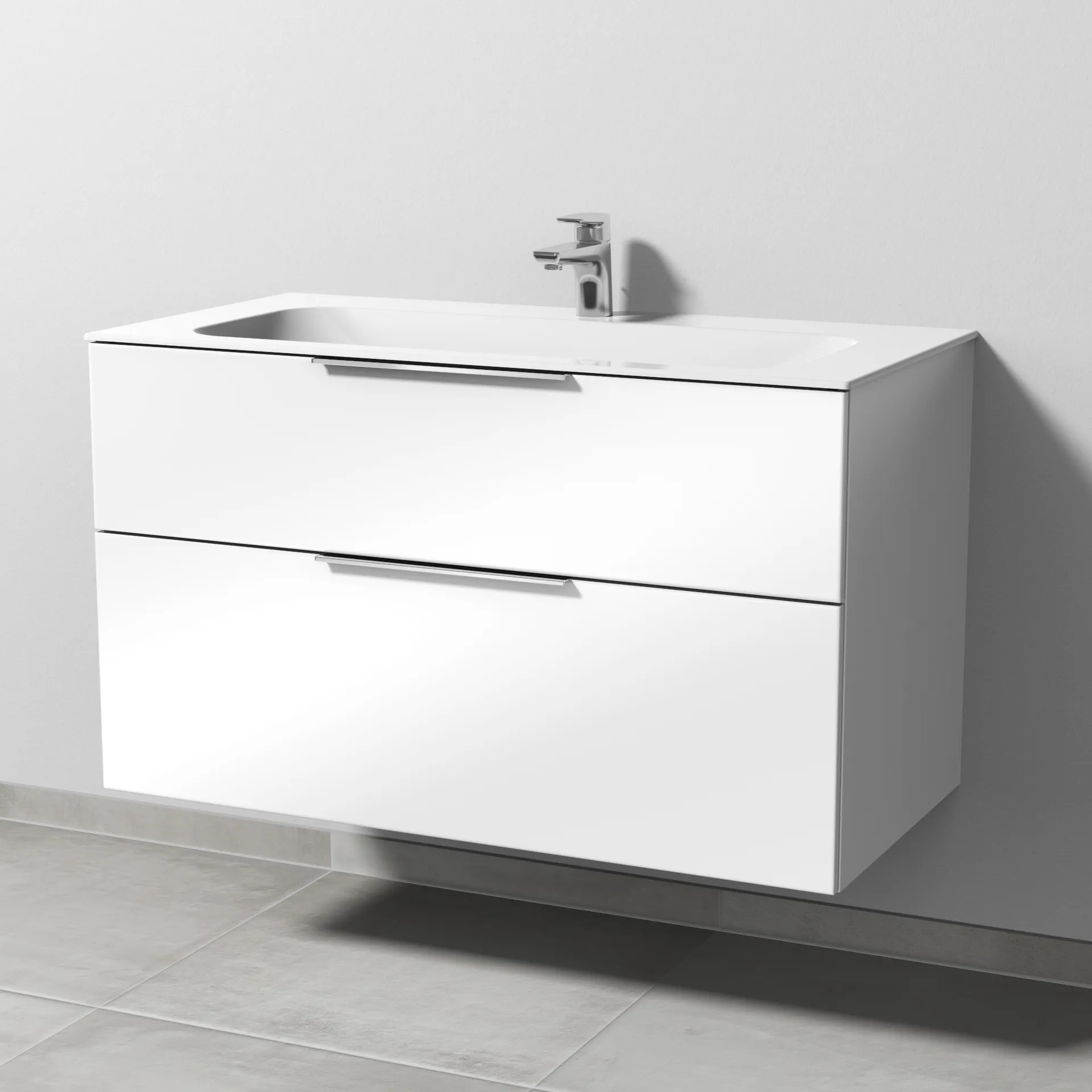 Keramik-Waschtisch-Set mit Waschtischunterschrank „3way“ 99 × 49,7 × 58,2 cm in Weiß (glanz), mit Hahnlochbohrung, Becken mittig