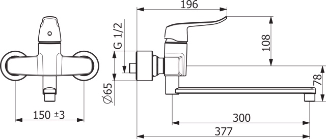 HA Einhebelmischer Waschtischbatterie HANSACLINICA 0154 Bedienungshebel lang Ausladung 377 mm DN15 Chrom