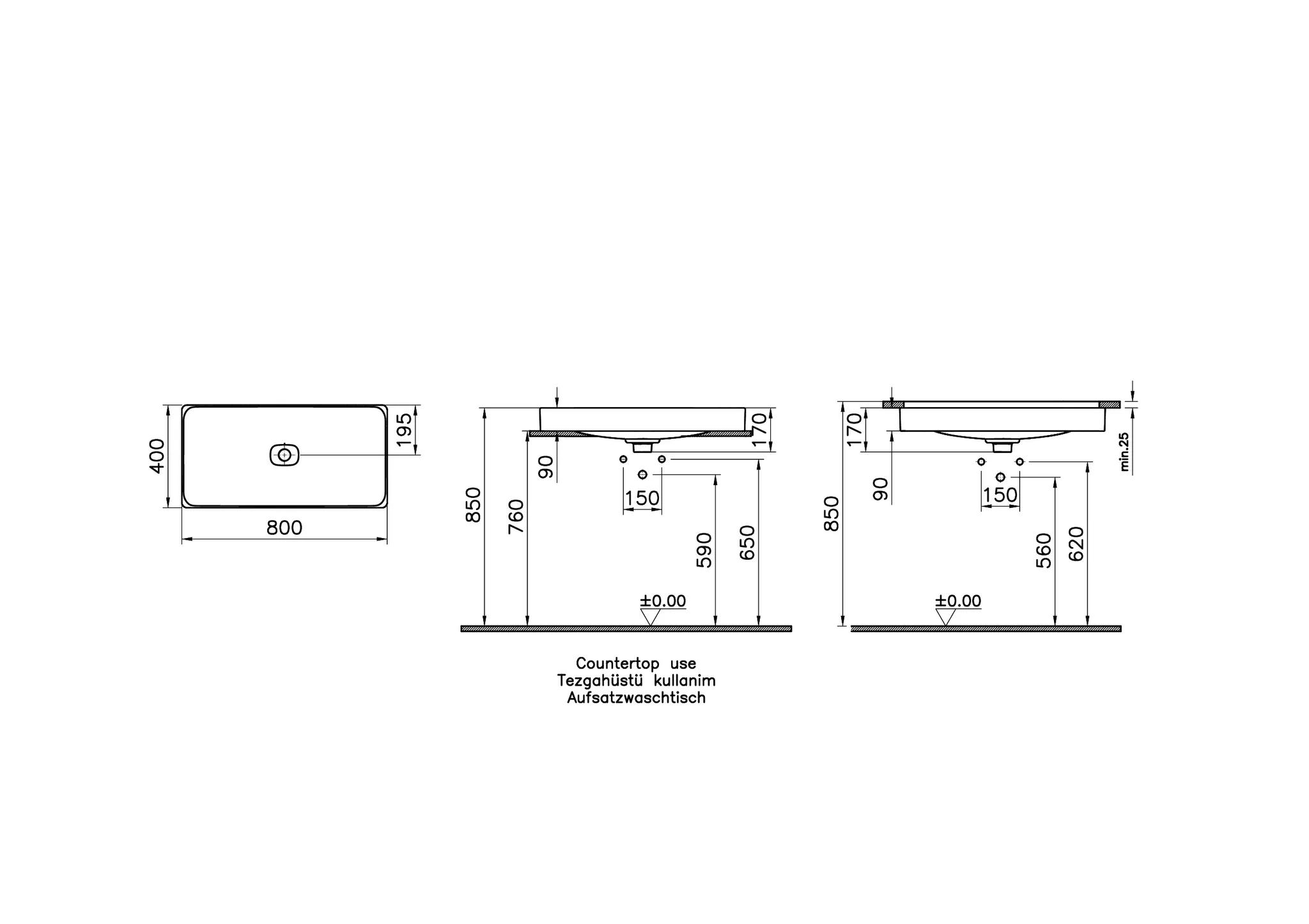 VitrA New Metropole Unterbauwaschtisch rechteckig 80 x 40 cm, Weiß Hochglanz