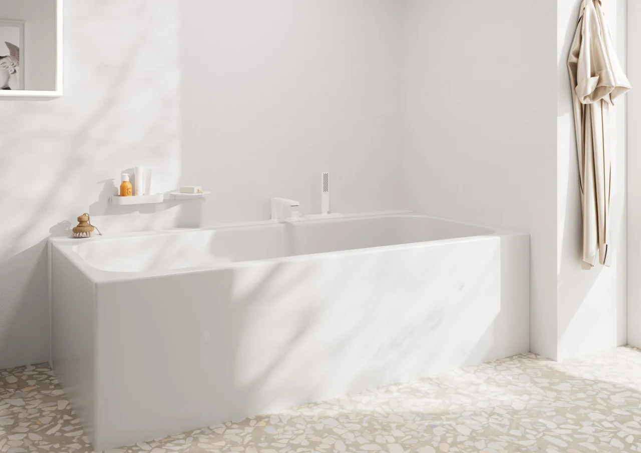 Hansgrohe Tecturis E 3-Loch Einhebel-Wannenrandmischer Mattweiß, Ausladung 206 mm, mit sBox und Handbrause PowderRain