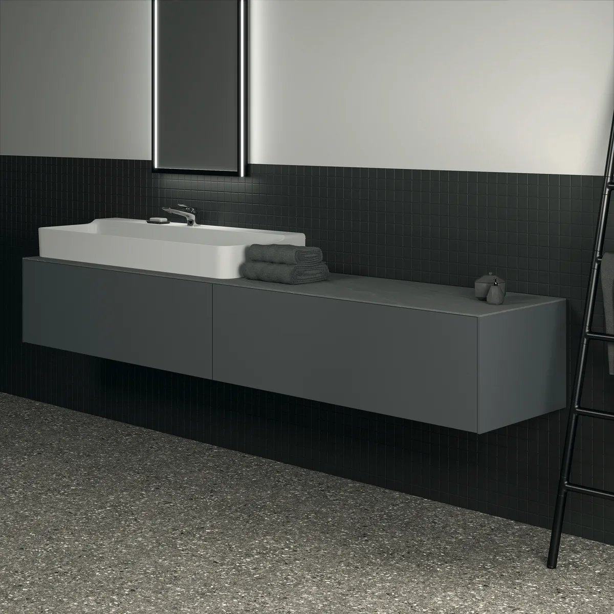 Waschtischplatte Conca, aus Keramik, 2387x505x6mm, Marmor Noir Desir