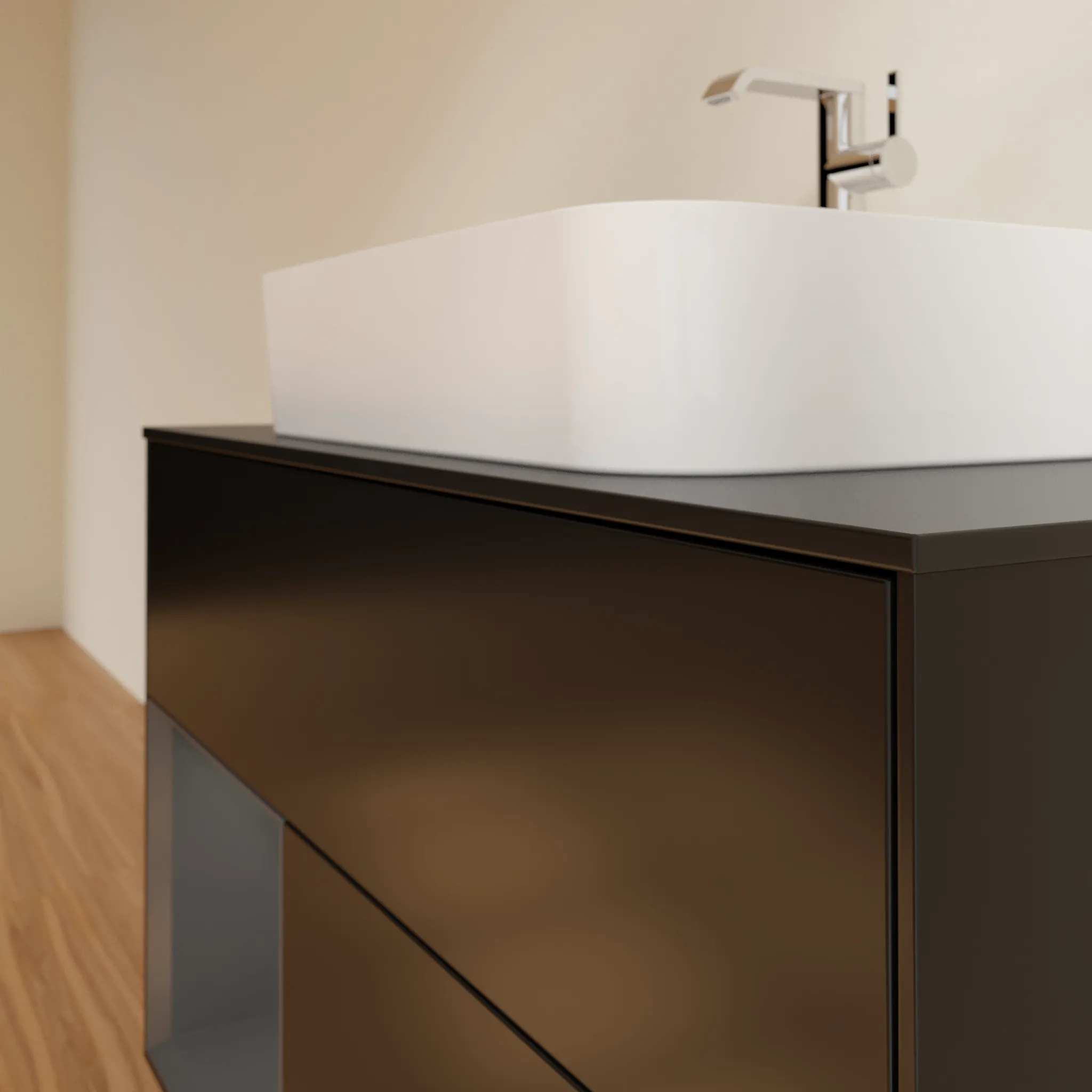 Villeroy & Boch Waschbeckenunterschrank Finion F11, 1000x603x501 mm, Black Matt Lacquer mit Gold Akzenten, mit Beleuchtung und Push-to-open Funktion